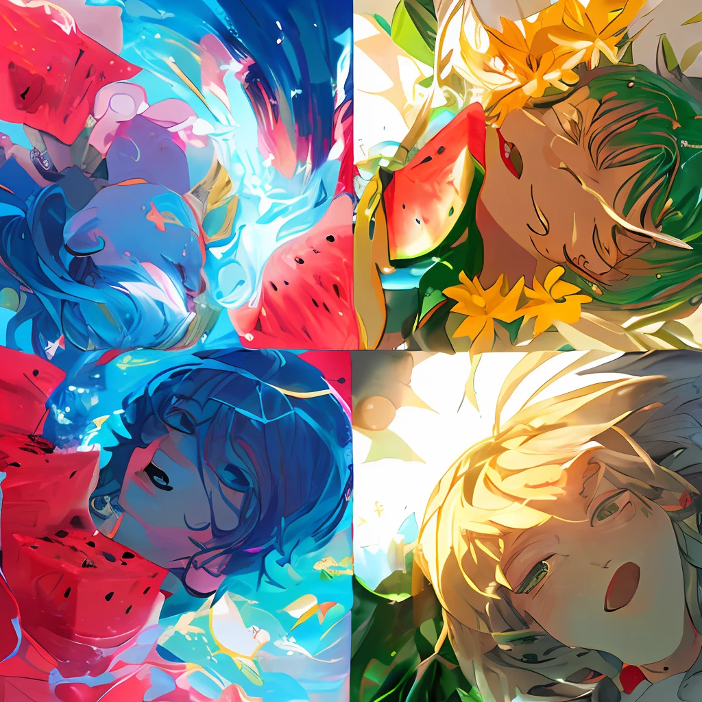 schoolboy,detail in face,Clear facial features,Happy tasting of watermelon,Cool liquid,rays of sunshine,shadowing,extremely colorful,
