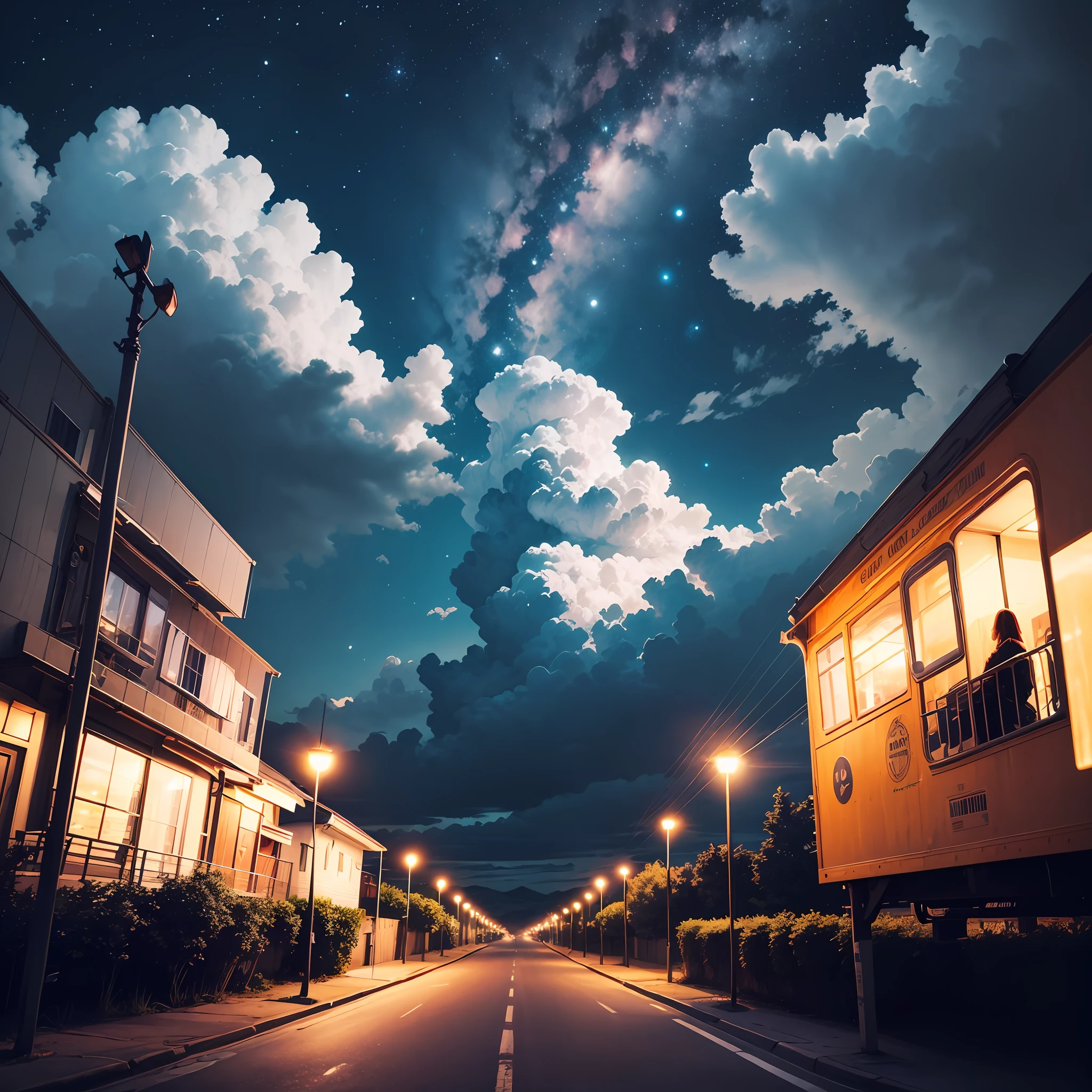 Night-time road trip, moonlit sky, fantastic full sky clouds, surreal, magical, romantic wanderlust, blissful, pov viewing sky