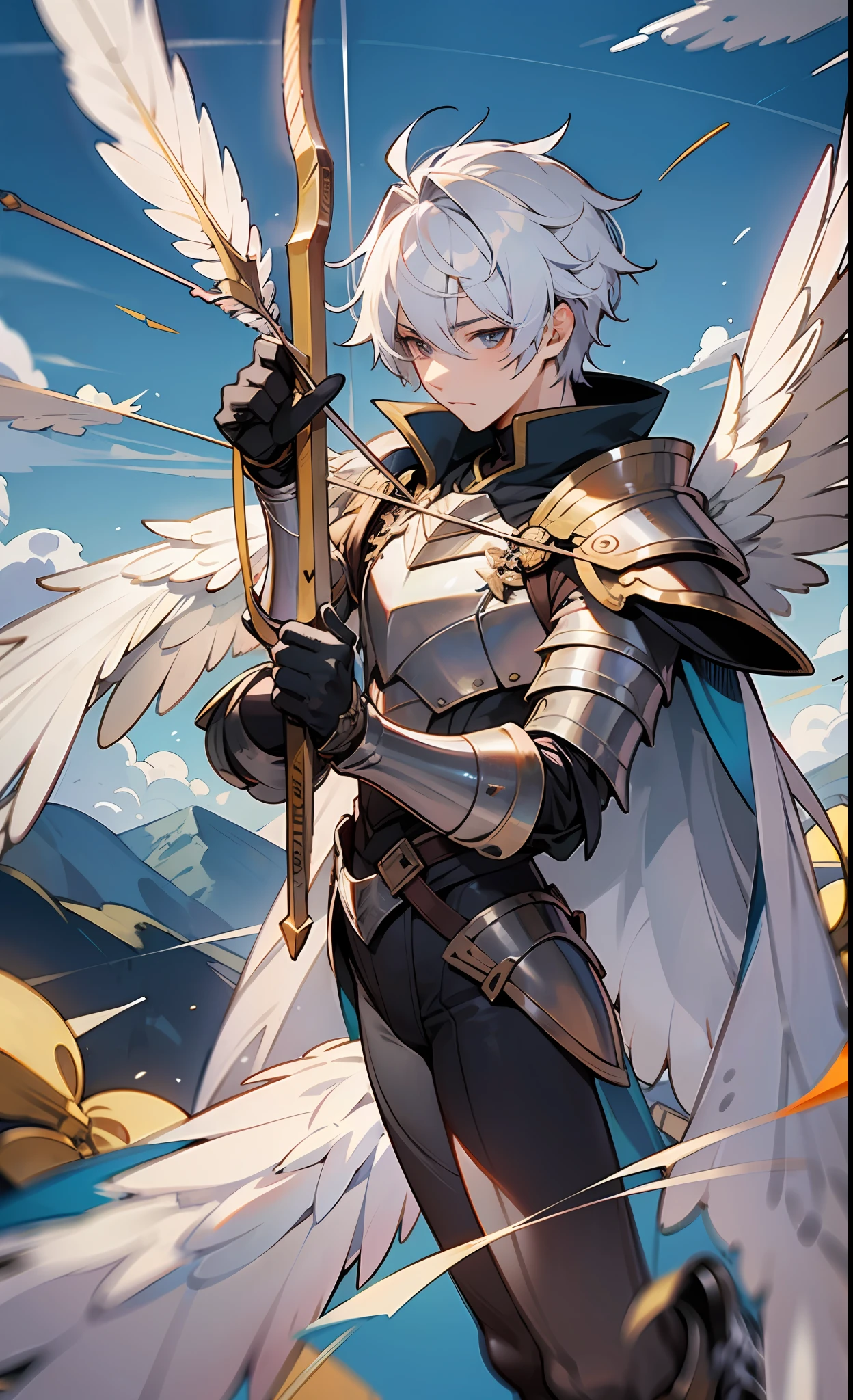 ((male god)) with ((4 of wing)), shooting arrow, (hold god bow), white adamantium scale armor, fly on sky, full body shot, seraphim