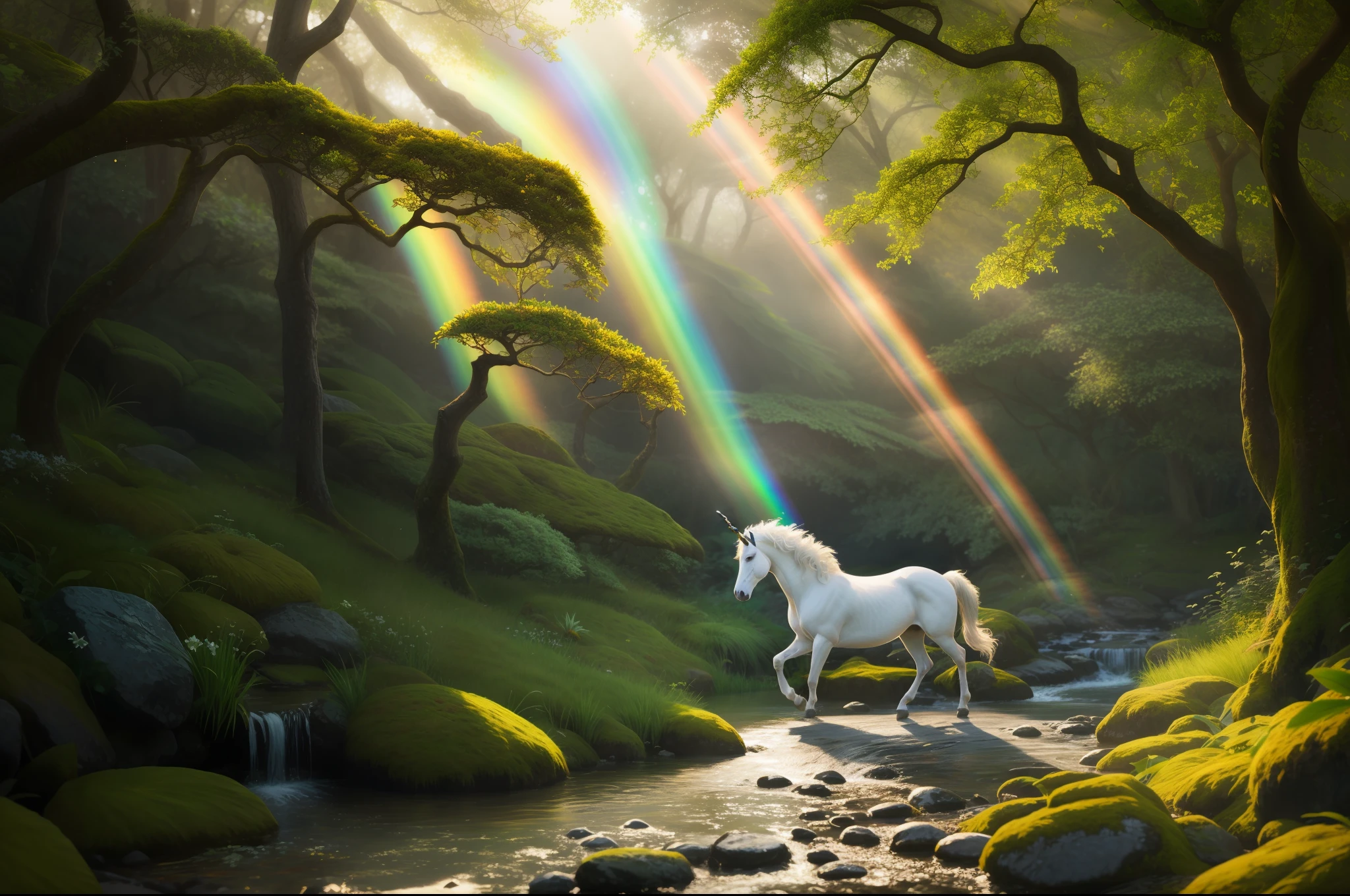 A breathtaking digital painting of a majestic unicorn running through a forest clearing. The sun shines through the foliage, creating bright beams and sparkles. The unicorn’s rainbow mane and tail flutter in the wind, matching the colorful flowers and leaves. The unicorn’s coat is pure white and smooth, contrasting with the rough bark and moss of the trees. A gentle mist covers a peaceful stream. The scene is full of magic and wonder, with a vivid and harmonious color scheme. Painted in a whimsical fantasy style inspired by Arthur Rackham and Brian Froud, 4K resolution