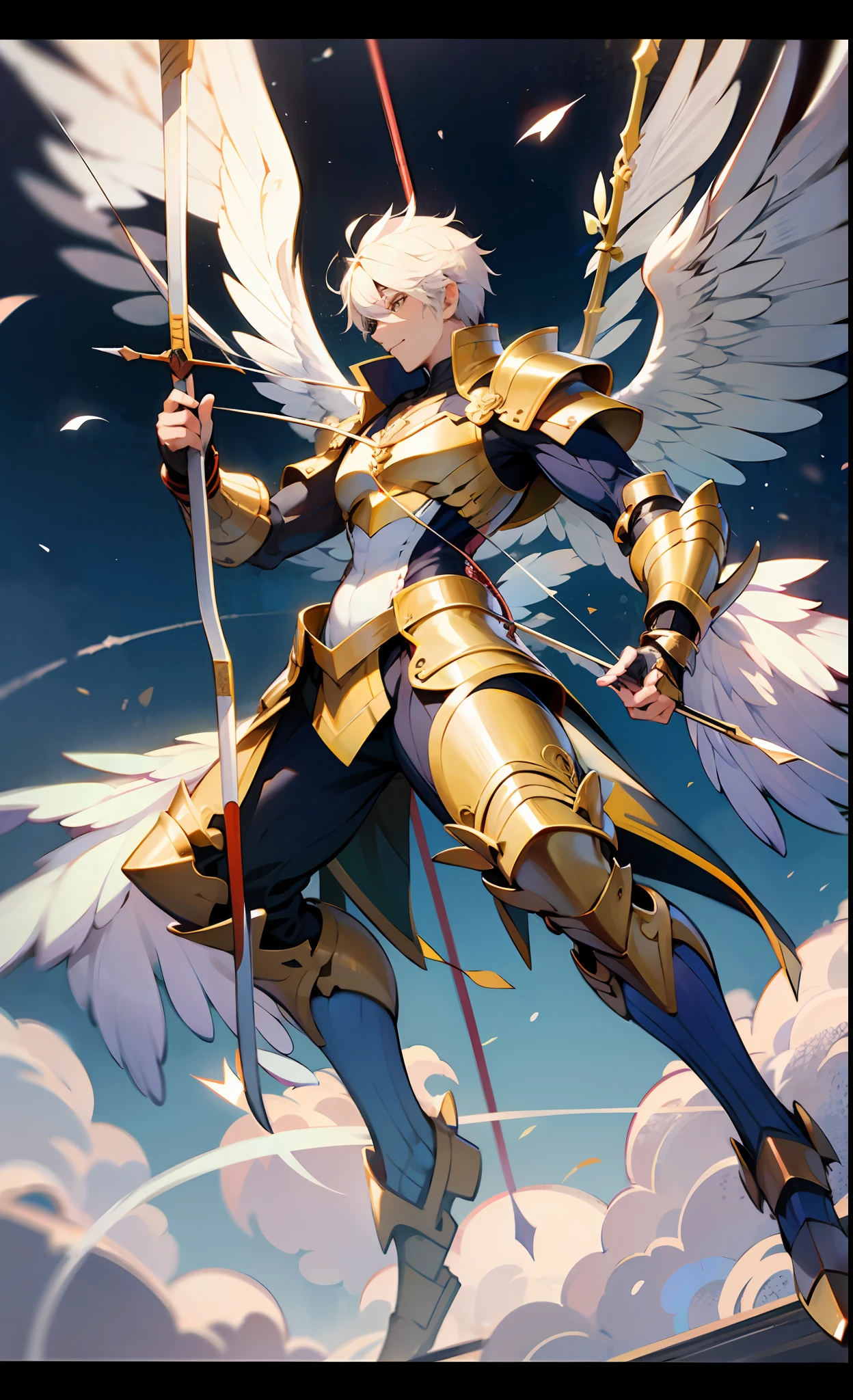 ((male god)) with ((4 of wing)), shooting arrow, (hold god bow), white adamantium scale armor, fly on sky, full body shot, seraphim