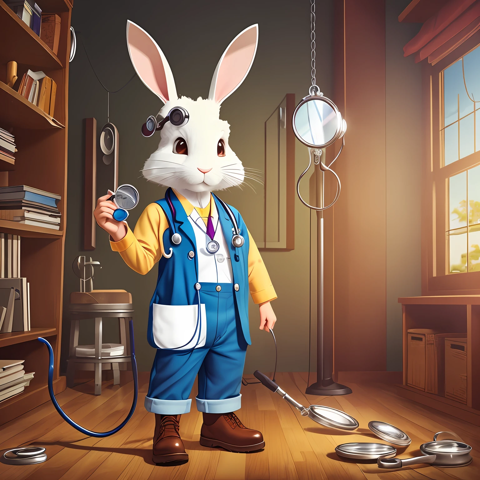Dr. Rabbit wearing doctor overalls,With a stethoscope,Magnifying glass in hand --auto