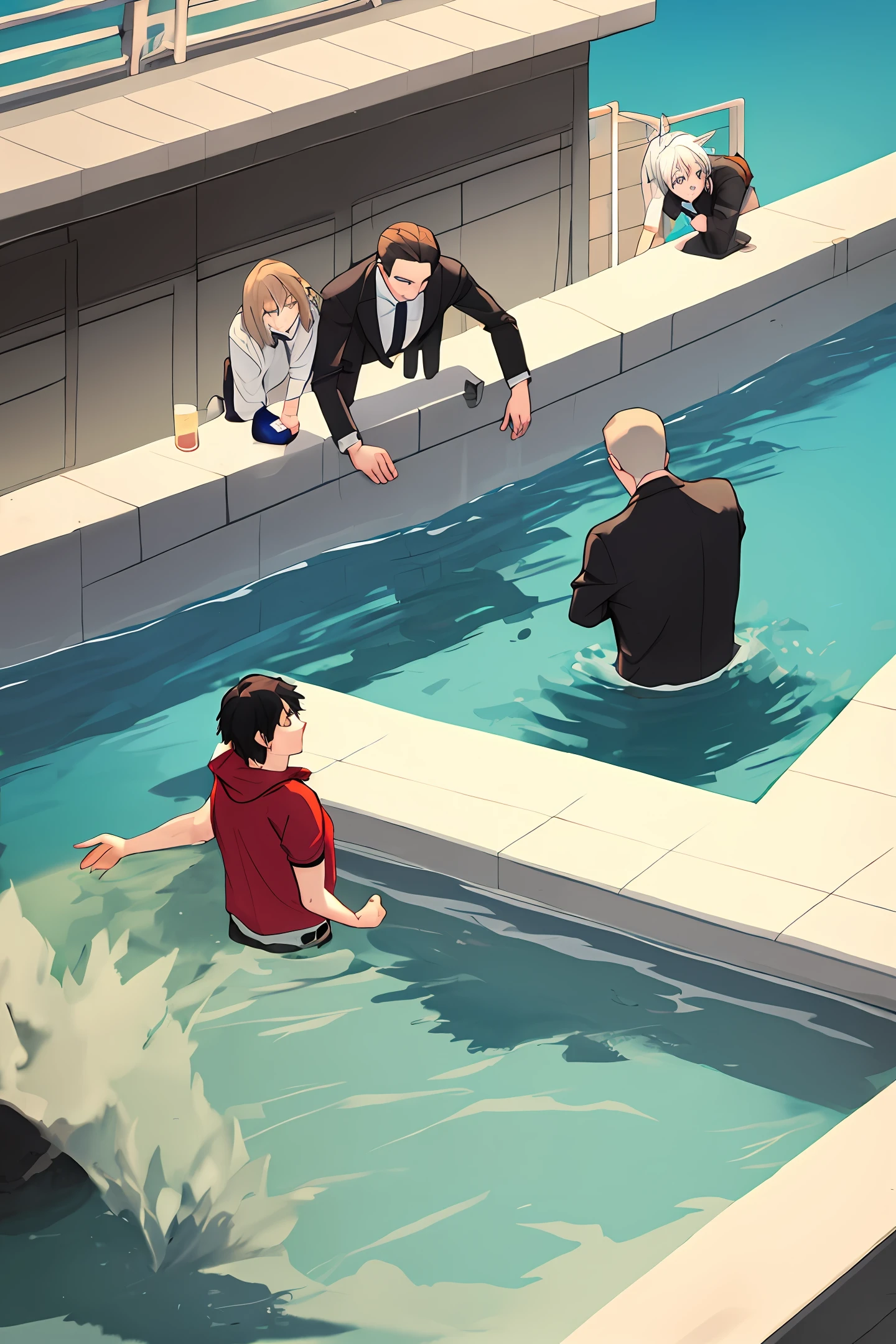 Three boys, one long white, one long black, and one long short playing in the water in Hot Heights