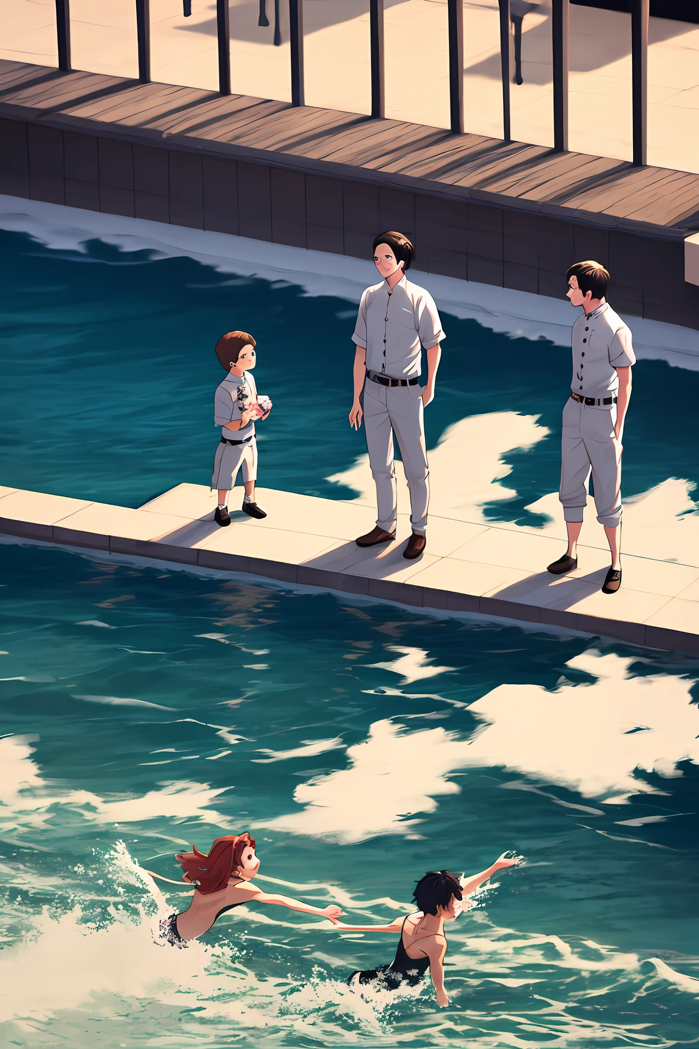 Three boys, one long white, one long black, and one long short playing in the water in Hot Heights