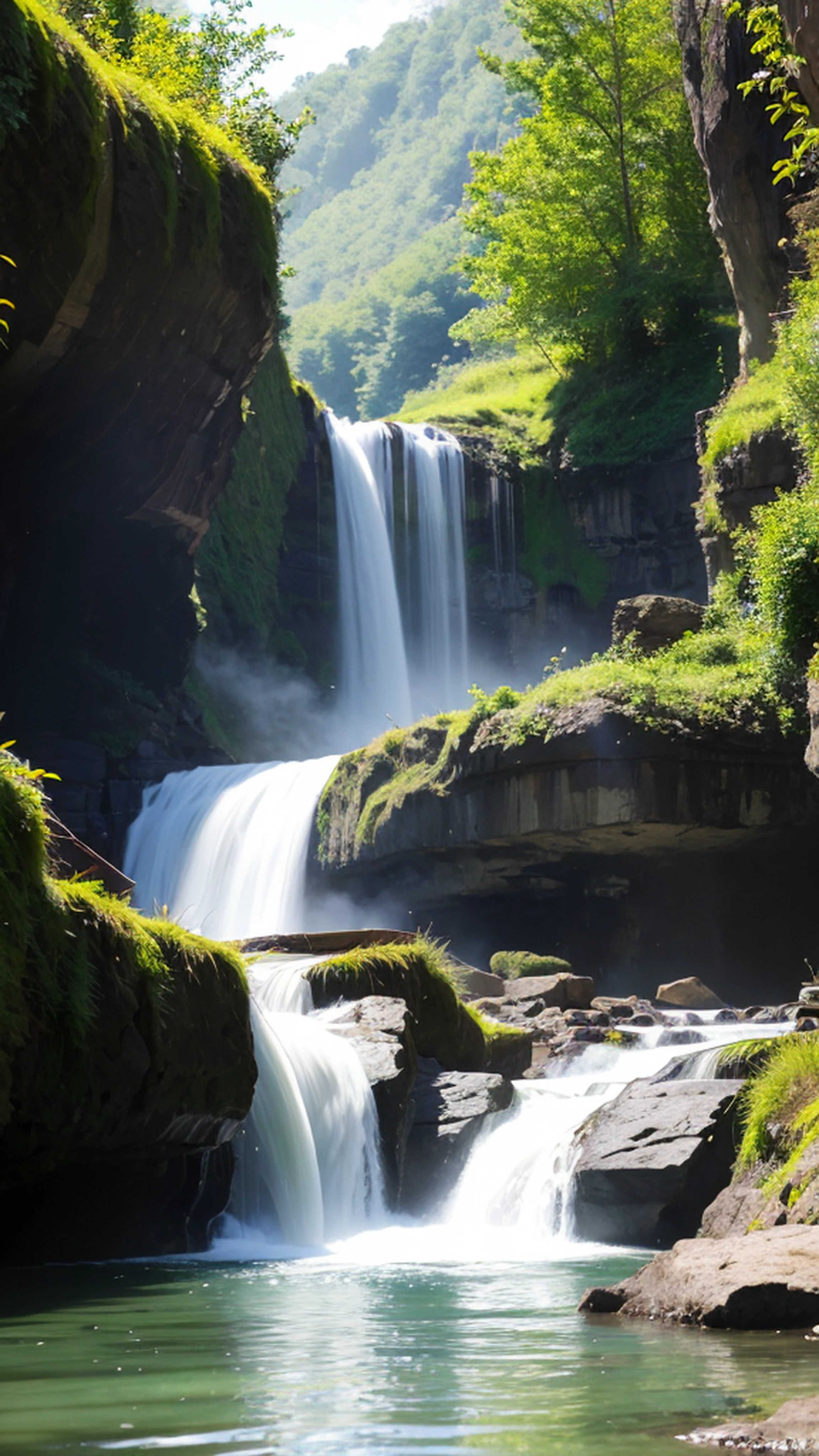 waterfall in a dark canyon, rays of sun, fast water
