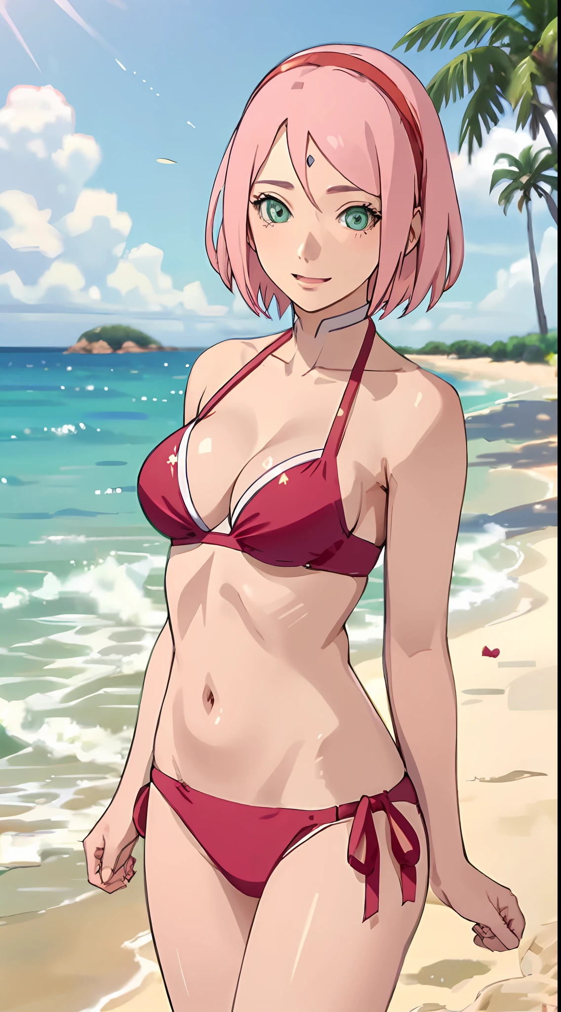 Haruno sakura, short hair, medium breast, cleavage, navel, slim legs, pink hair, happy, side tie bikini, bokeh, beach, sunny day, beautiful eyes,