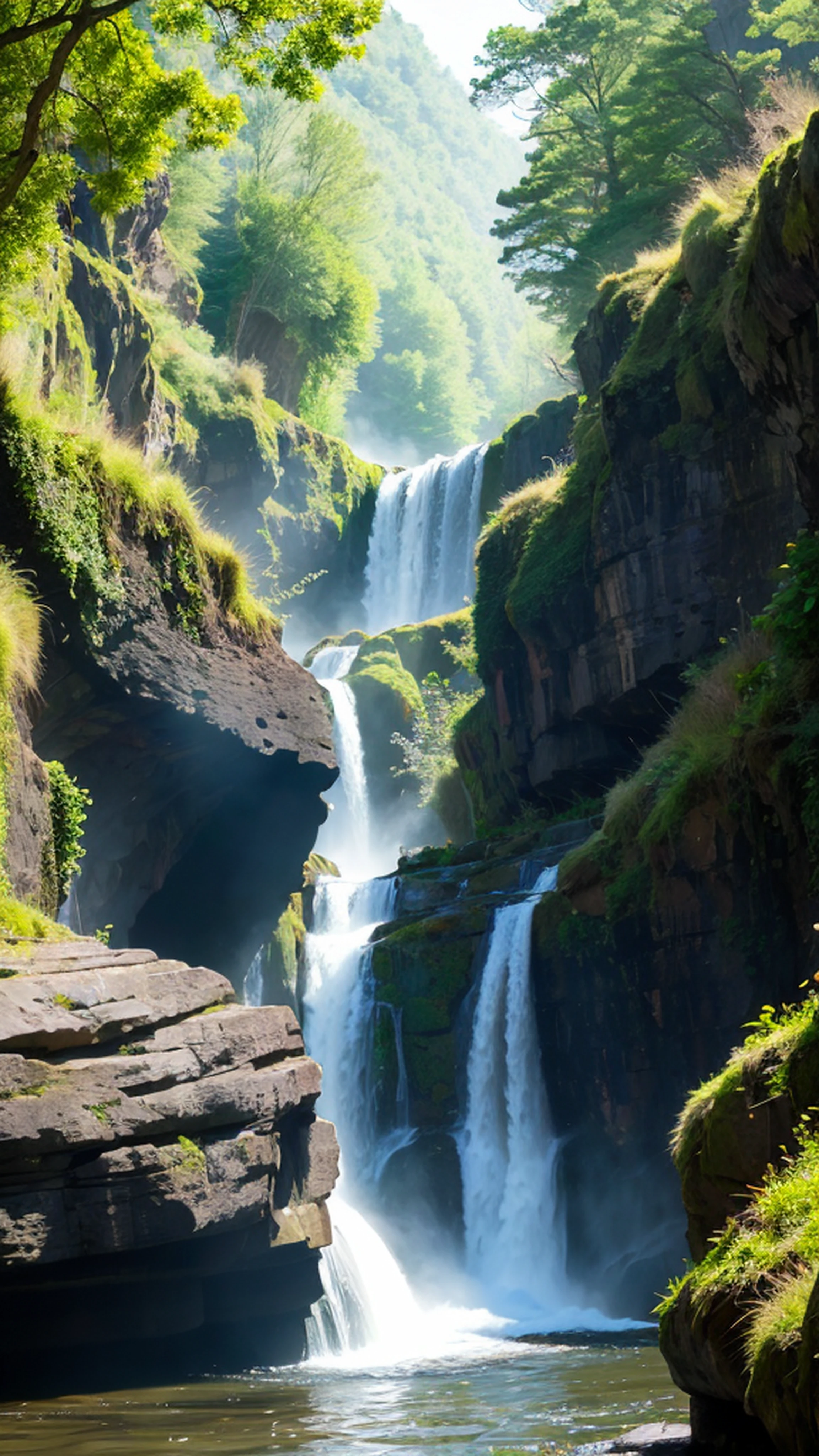 waterfall in a dark canyon, rays of sun, fast water