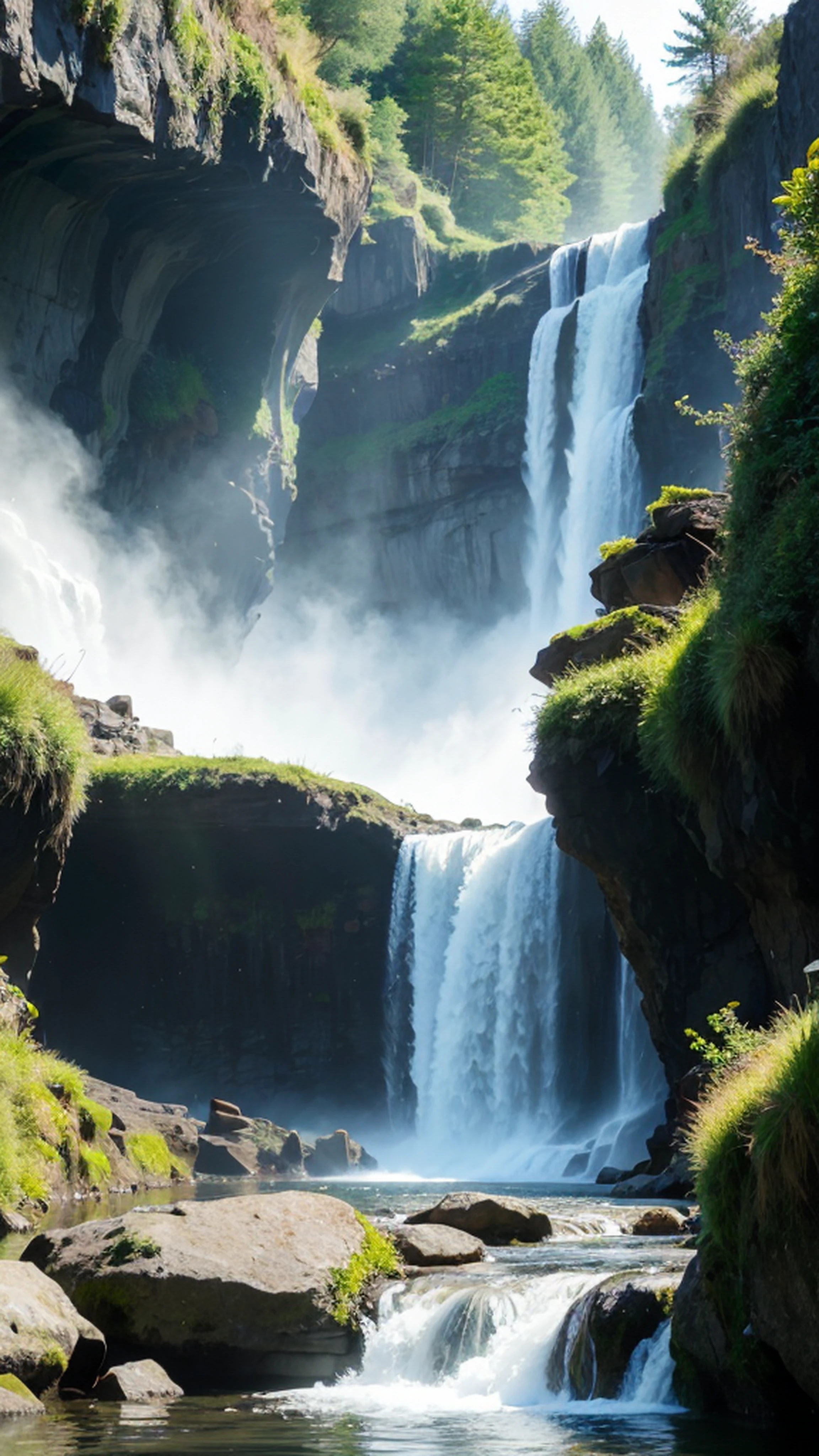 waterfall in a dark canyon, rays of sun, fast water