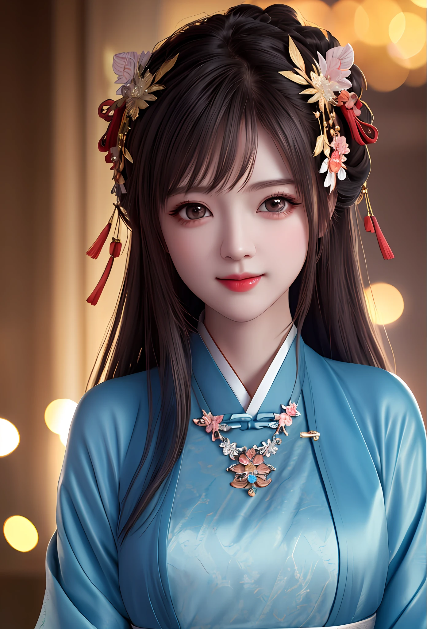 best quality, masterpiece, highres, 1girl,blush,(seductive smile:0.8),star-shaped pupils,china hanfu,hair ornament,necklace, jewelry,Beautiful face,upon_body, tyndall effect,photorealistic, dark studio, rim lighting, two tone lighting,(high detailed skin:1.2), 8k uhd, dslr, soft lighting, high quality, volumetric lighting, candid, Photograph, high resolution, 4k, 8k, Bokeh