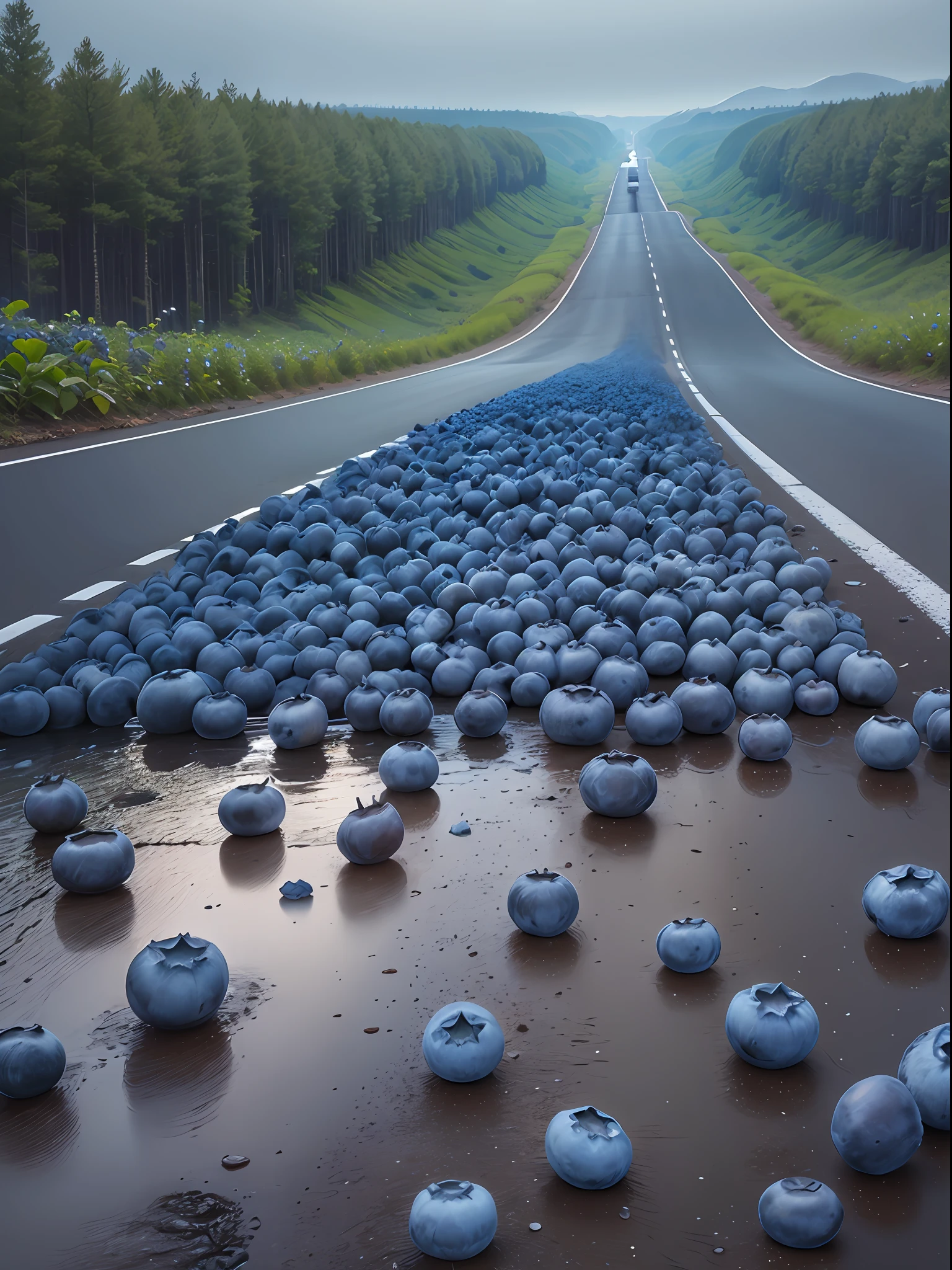 There were a lot of blueberries piled up on the road,Blueberries are laid on the road,The area is large,Boundless,Fresh atmosphere,There are some dew drops on the blueberries,There are no cars in the middle of the road, only blueberries