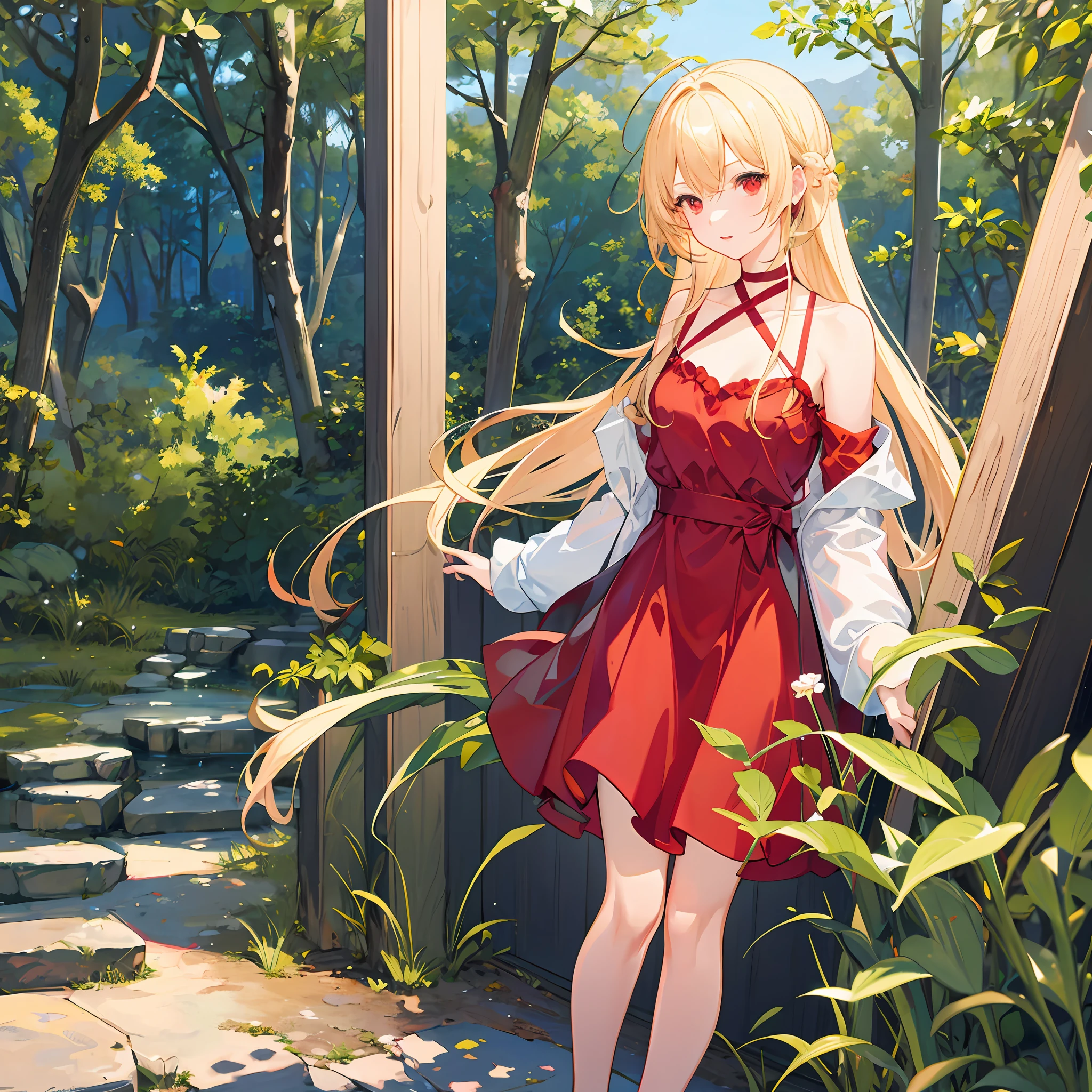 a blond、red eyes、1 girl in、Bright red dress、off shoulders、in woods