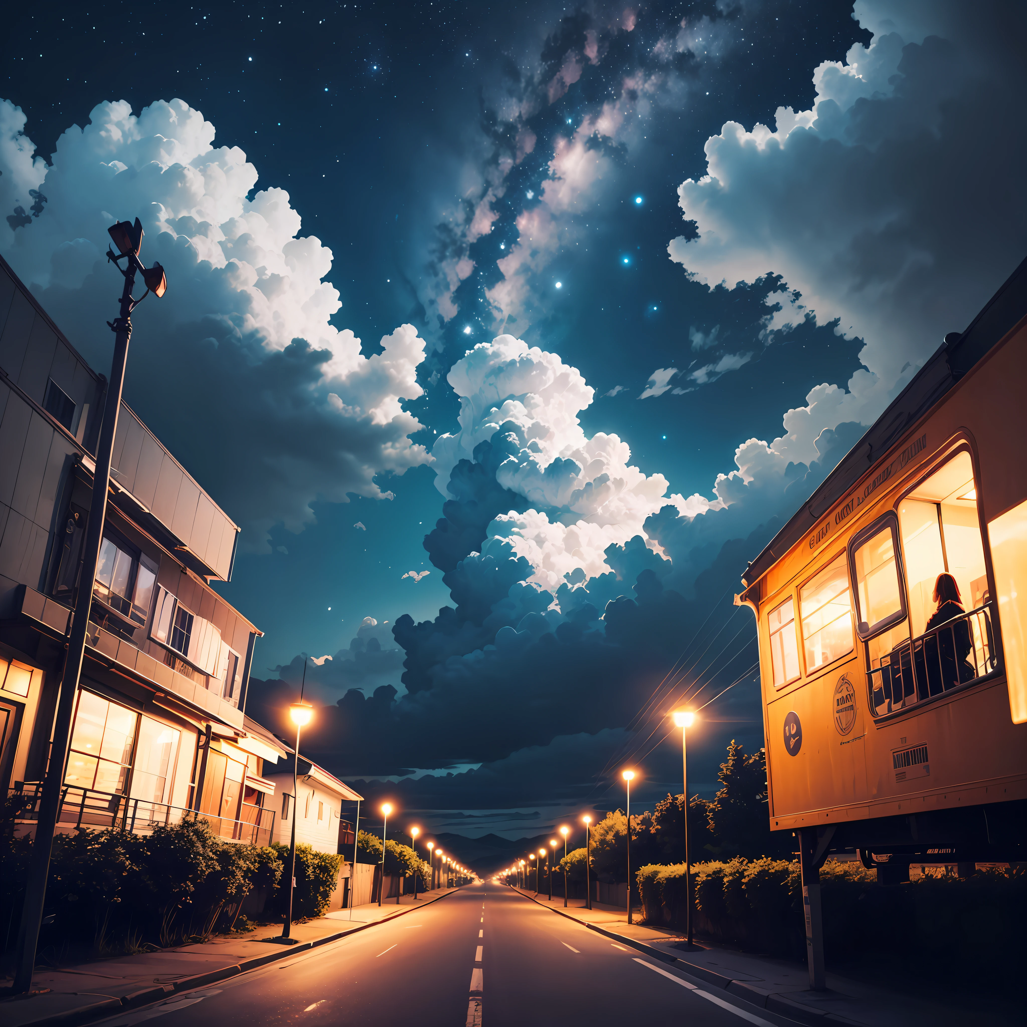 Night-time road trip, moonlit sky, fantastic full sky clouds, surreal, magical, romantic wanderlust, blissful, pov viewing sky