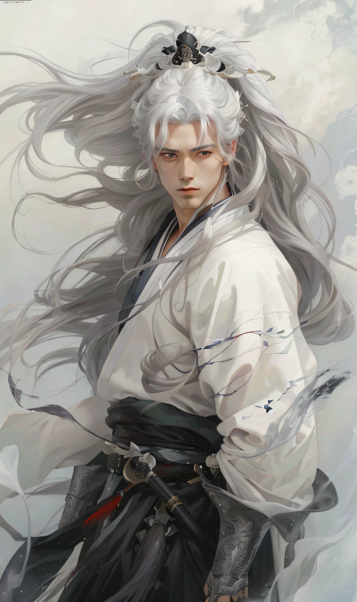 Close-up of a long-haired man holding a sword, Asian man, white hanfu, black embroidery, handsome guy in art, long black hair, flowing hair and robes, beautiful character painting, red headdress, tassels, anime characters, detailed character art, male anime characters, black hair, flowing red hair