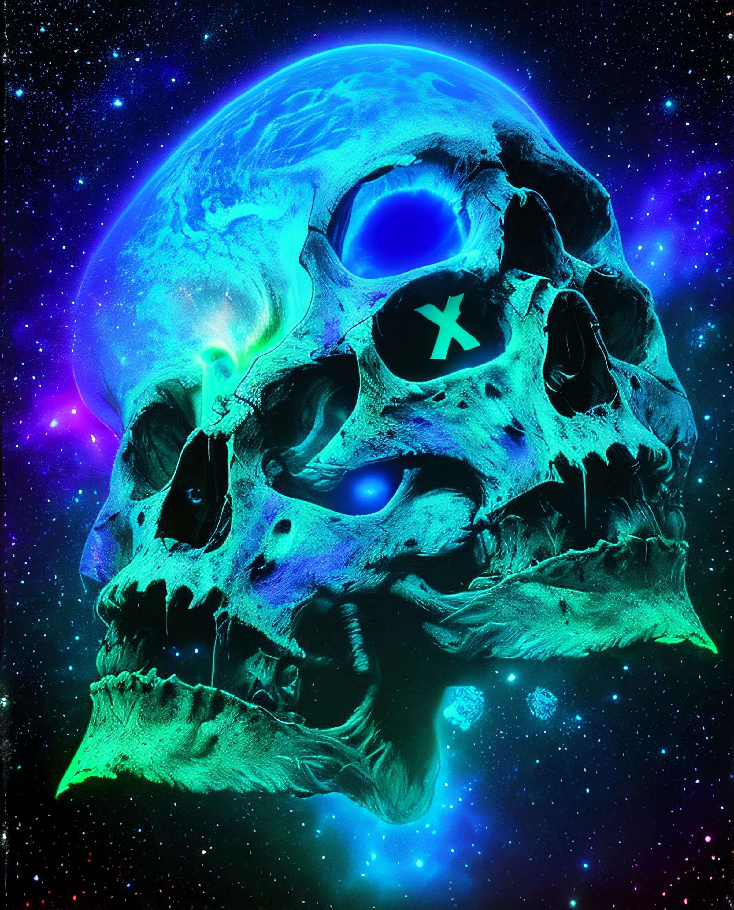 a close up of a skull with a cross on it's forehead, psychedelic cosmic horror, alien skull, alien skulls, cosmic horror style, xray melting colors!!, grainy poster art, nebula with the shape of a skull, morphing skulls, blacklight poster, a skull of an alien creature, skull design for a rock band, jen bartel