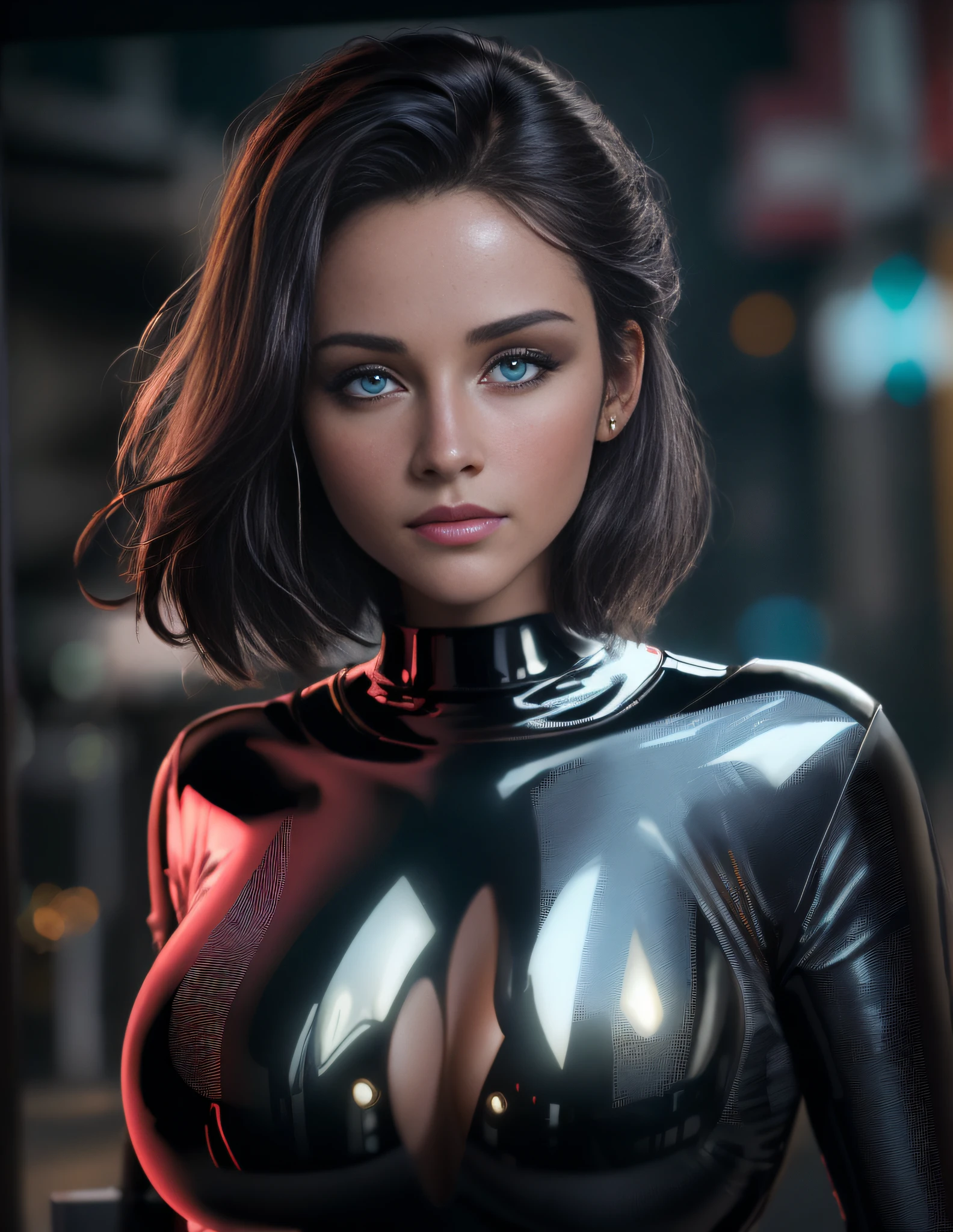 Beautiful black latex woman, olhos azuis, coberta com rosas vermelhas iluminadas, bright blue white glowing heart, visible from human, noite, Colouring, photography hyper-detailed cinematic hdr lighting, softbox lighting, Detalhe extremo, 8k, 3D-rendering, hiper realista, NVIDIA,