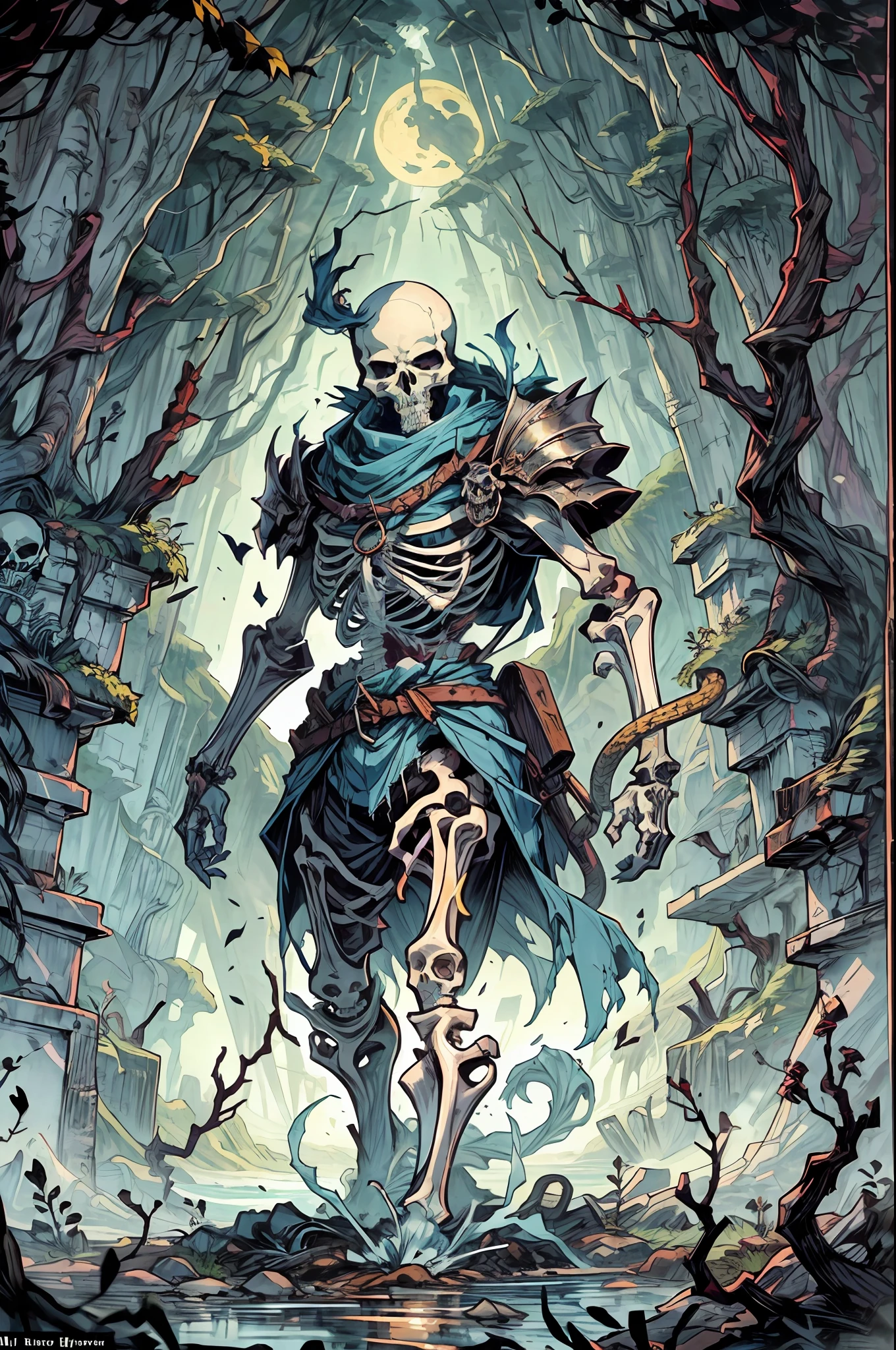 best image quality, masterpiece, super high resolution,
BREAK
"Imagine a chilling scene of a skeleton warrior standing atop an ancient tomb, shrouded in the eerie glow of the full moon. The warrior is adorned in ancient armor, rusted with age and battle-worn, with a helm that glints ominously in the moonlight. BREAK In one hand, the warrior holds a wickedly sharp sword, while the other hand is outstretched, as if beckoning you closer. The tomb beneath the skeleton is ornately decorated, with intricate carvings of snakes and skulls etched into the stone. BREAK The air is thick with the scent of decay and ancient magic, as if the tomb itself is alive with dark power. The skeleton warrior’s eyes glow with an otherworldly light, and you can almost feel the weight of its gaze upon you. BREAK In the background, the silhouette of a haunted forest looms, with twisted trees and gnarled branches reaching up to the sky like skeletal fingers. The tomb itself is perched on a cliff overlooking a raging sea, the waves crashing against the rocks far below. BREAK This image captures the essence of dark fantasy and conjures up a sense of foreboding, as if the skeleton warrior is a harbinger of doom, standing guard over the secrets buried within the ancient tomb."