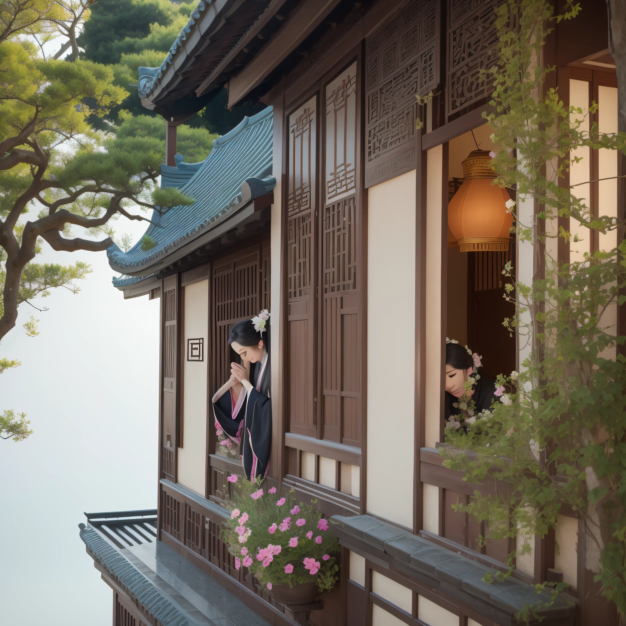 The crescent moon hangs clearly under the eaves、The aroma is everywhere、Lotus flowers bloom、The Hanfu woman carefully admired the flowers、Next to him is a poet who is drawing poetry。