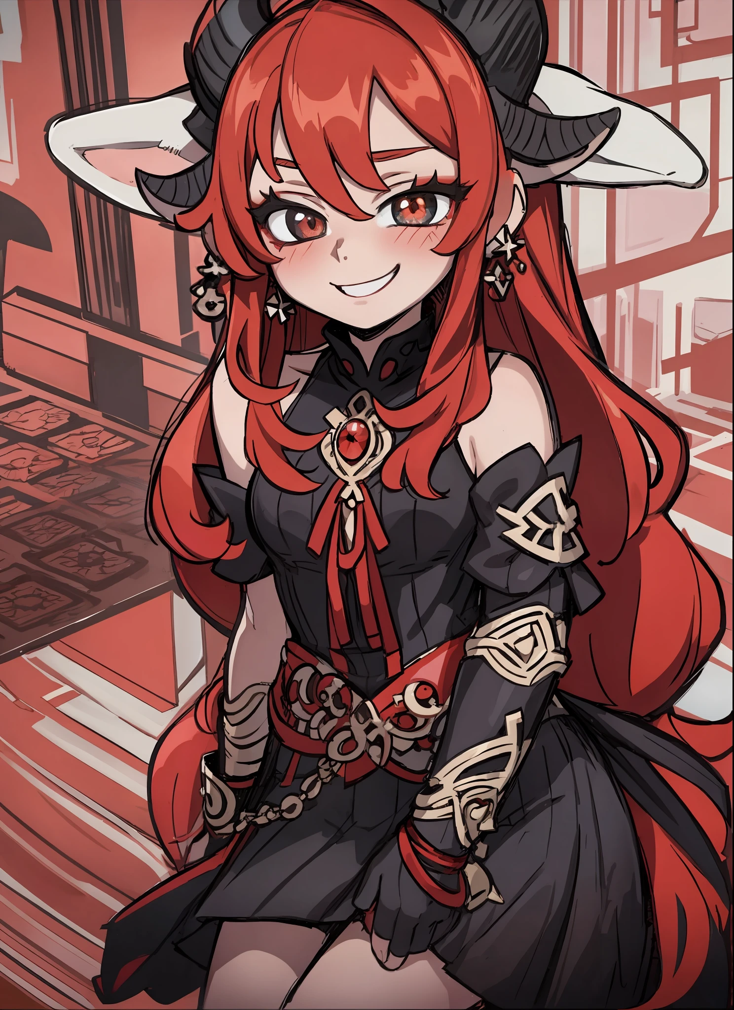 chibi, long red hair, red pupils, jewelry, blushing, cute, smug, smile, rolling eyes, black earring, black dress, miniskirt, goat horn