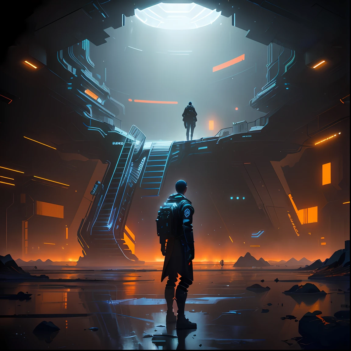 there is a man standing in a dark room with many lights, dan mumford tom bagshaw, digital concept art of dystopian, dan mumford. 8 k octane render, dan mumford. octane render, smelting pit'beeple, dystopian digital art, epic fantasy sci fi illustration, dan mumford. maya render, sci-fi digital art illustration, surreal concept art