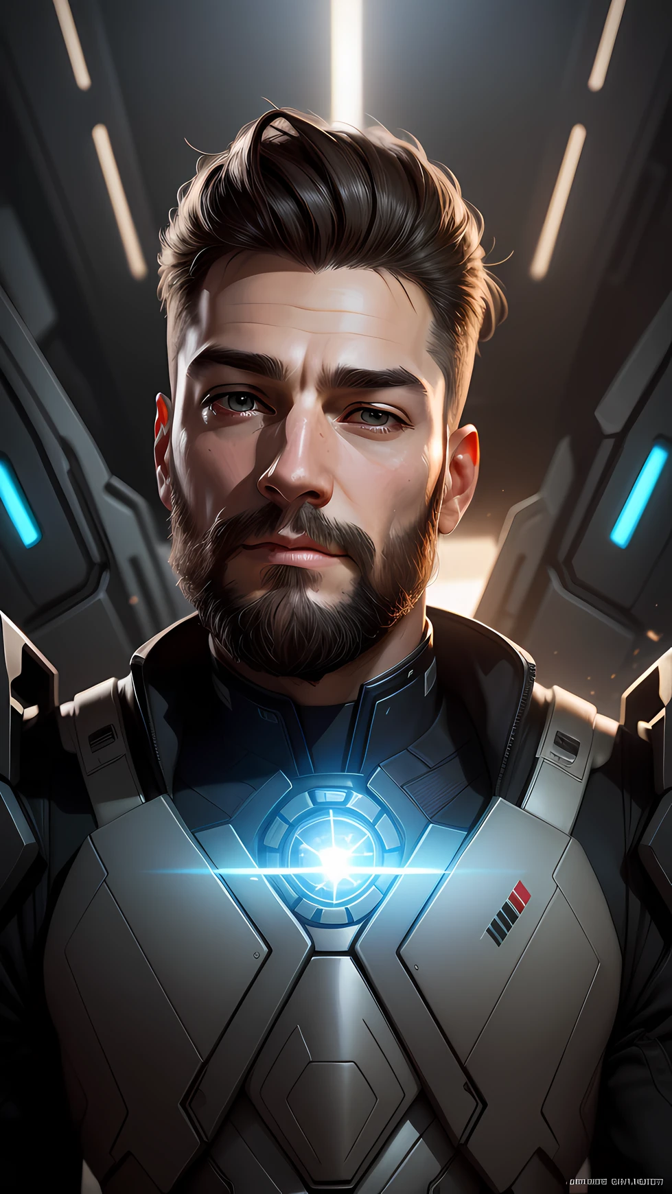 masterpiece, best quality, realistic, ultra detailed, sfw, head shot, a portrait, starsector, sci-fi style suits, high-tech gadgets, head facing right,light beard --auto