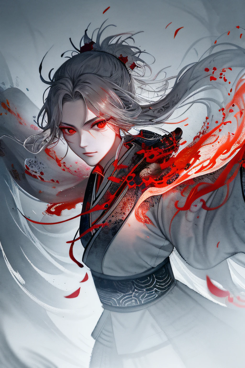 ((Best Quality)), ((Masterpiece)), (High Resolution), Original, Extremely Detailed 8K Wallpaper, [An extremely delicate beautiful girl with long white hair, dress, scarf, feathers and yes (Heroic Battle: 1.3)], (Beautiful Detailed Red Eyes), World Masterpiece Theater, Beautiful Detailed Garden, Fluttering Detailed Petals, Growing, Melting, Abstract, [A girl with short hair and long hair, small breasts, messy hair, red eyes, long sleeves, Taoist robes, Oversized clothes are melting and splashing], splashing, hyperdetail, backlight, sand, water, black background, dust, water splash, ((((ink painting style)))), (((Chinese brush painting)))),, darker than black, darker than dark, I want my crimson mixture, The moment of awakening has arrived, Fall into the invulnerable border, Appear in a twist of lost work, dance and dance, I will collapse from the torrent of my power, an unparalleled collapse, all that is also reduced to ashes, from the abyss, This is the most powerful attack method of mankind, this is the ultimate attack magic, explosion!