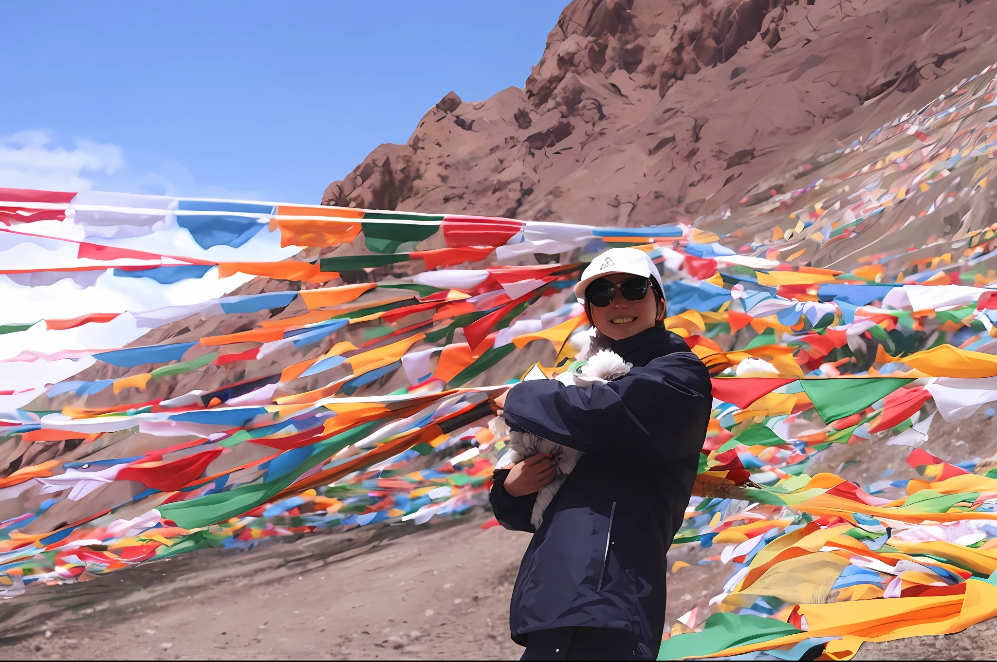 Alafi stands in front of a mountain covered with colorful flags, omar shanti himalaya tibet, prayer flags, stunning  visuals, Tibet, by Whitney Sherman, enjoying the wind, Mongolia, Gemma Chen, big long cloth on the wind, mingchen shen, jinyiwei, 4 0 9 6, author：Shen Zhecai, festivity, xintong chen
