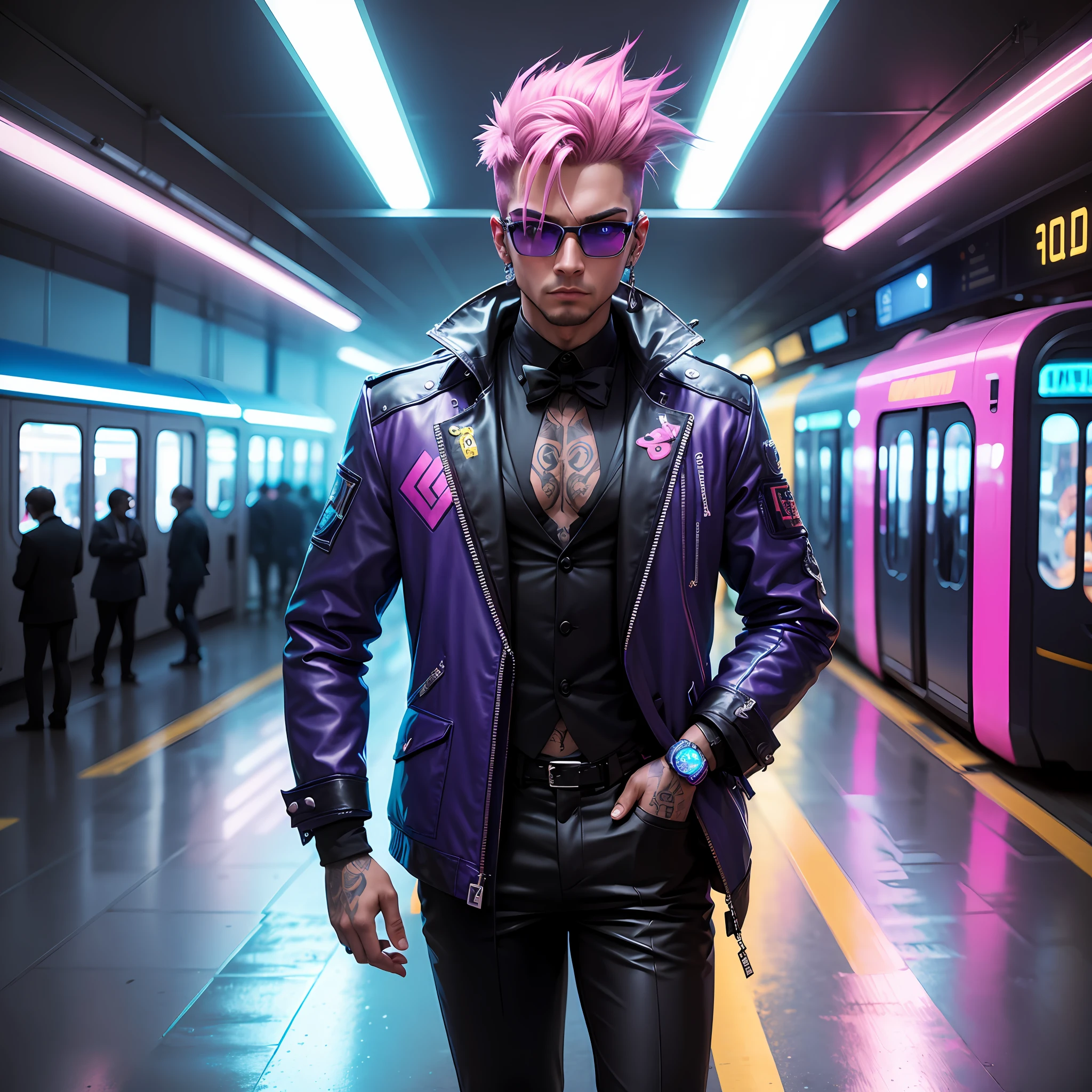 gostaria de uma imagem estilo cyberpunk em 4k de um homem de mais ou menos 20 anos , forte, de pele negra ,com cabelo punk estilo anos 80 na cor azul neon,cabelo azul ,muito eLegante,,  futurista e estiloso neon , com uma tatuagem super colorida e com neon ,Toattoo, oculos futurista,oculos, facing a metro station on the platform , with station lights failing in a dimly lit environment, standing dressed in a dark yellow suit with a pink bow tie