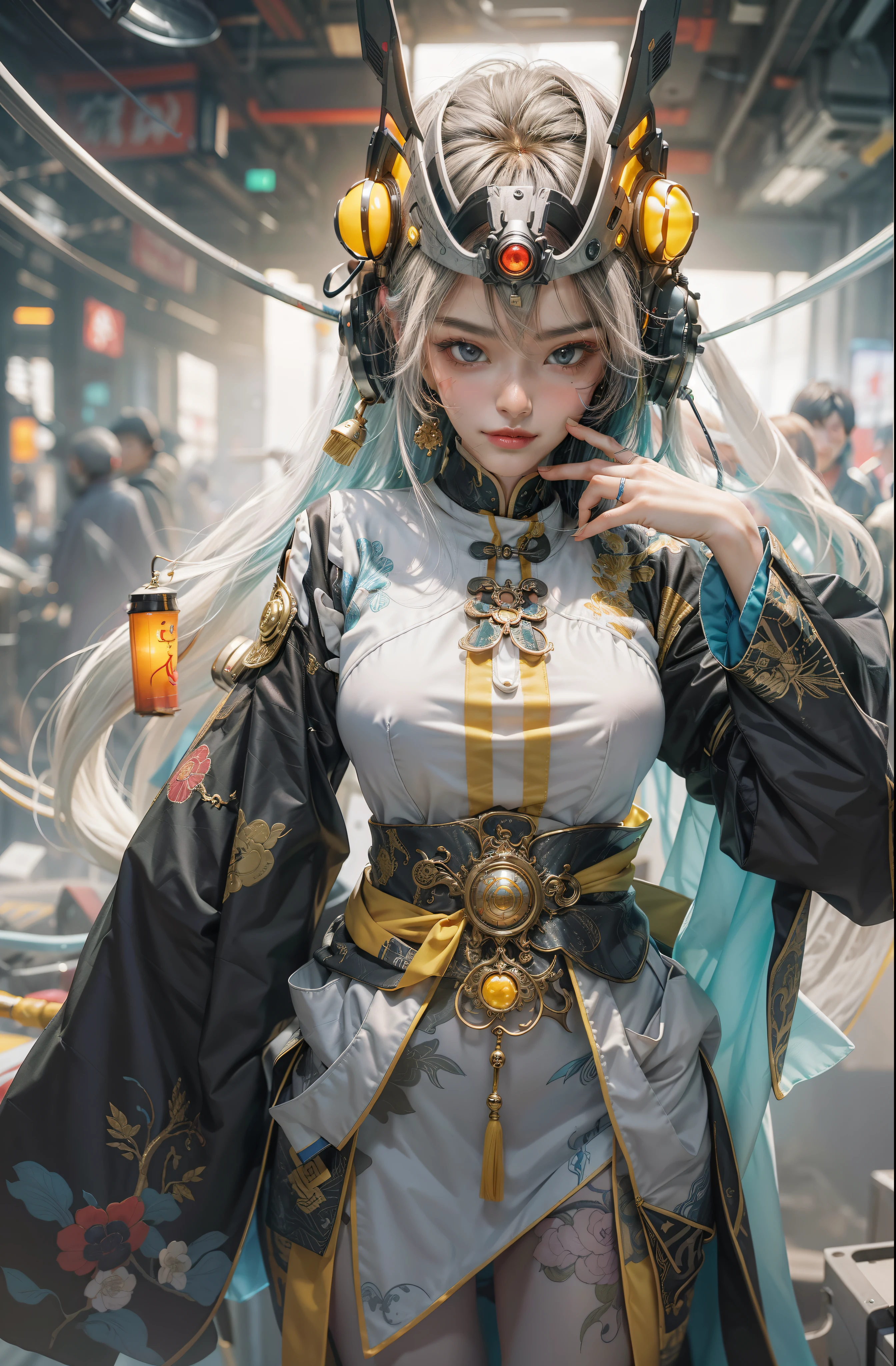 Wide shot, From above, (over distances), ((Ultra-wide angle)), (Wide-angle), Sony FE GM,Grand background,Cyberpunk China,one-girl,Crazy pose,Crazy tension,Cinematic light,Gorgeous background,Colorful background,grin,((cyber punk style,machine arm,Hologram aura,Surreal Science Fiction Art,Future Science Fiction Aesthetics)),(1 girl solo), ((full body shot shot)), (Determined eyes),(Ancient Chinese clothes,White cheongsam,Embroidered collar Uesugi,White large-sleeved shirt,Streamers),(Hairpins,cabelos preto e longos, arma),(Hanfu),(Clear facial features,detailed skin textures,beauitful face), 耳Nipple Ring,Yellow skin,(tmasterpiece,top Quority,best qualtiy),(((flatcolors))),