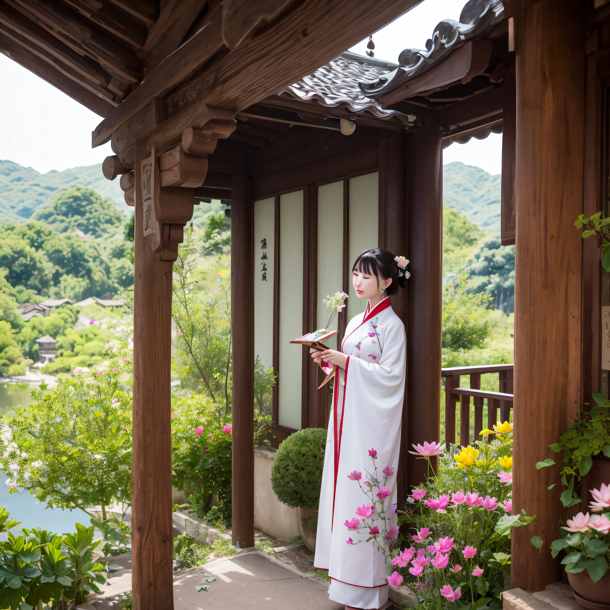 The crescent moon hangs clearly under the eaves、The aroma is pervasive、Lotus flowers bloom、A woman in Hanfu carefully admires the flowers、Next to him is a poet who is painting poetry。