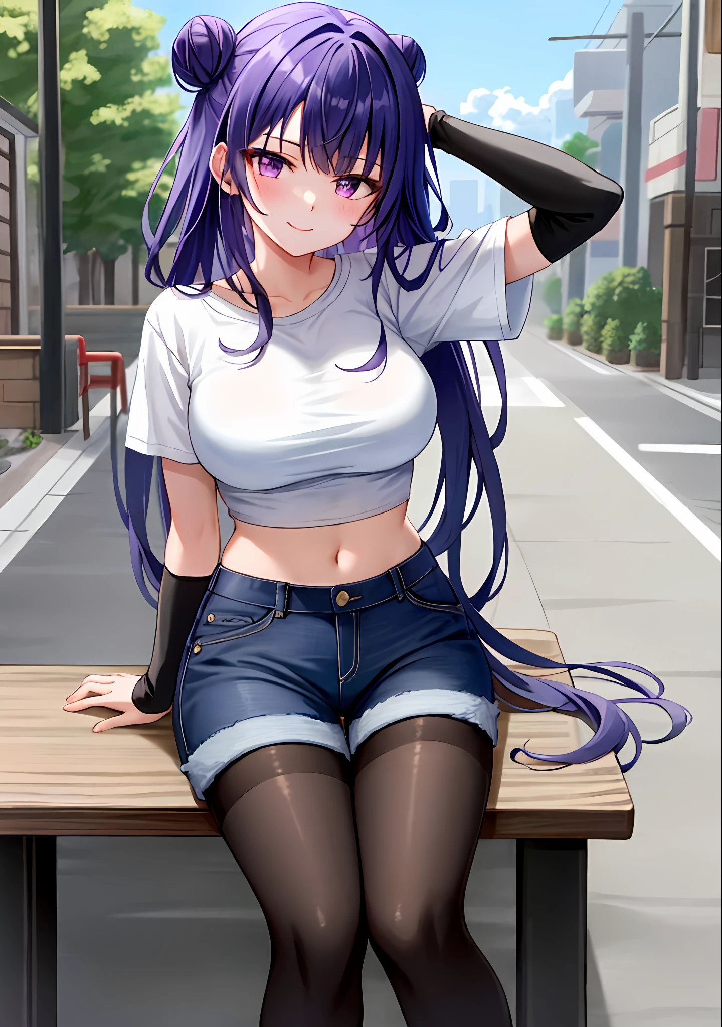 (masterpiece, best quality, ultra-detailed), Raiden shogun \(genshin impact\), (purple hair), cone hair bun, twin tails, long hair, swept bangs, braid, braided bangs, purple eyes, pink eyes,
(wearing a t-shirt:1.2), sitting on a chair outside of caf, embracing the natural beauty, sunlight, beautiful cloudy sky, city, street, denim shorts, black stocking,
medium breasts, thick thighs, critical angle, cowboy shot, arm behind head, arm behind back, armpits, light smile, crop top, strong and seductive expressions,,