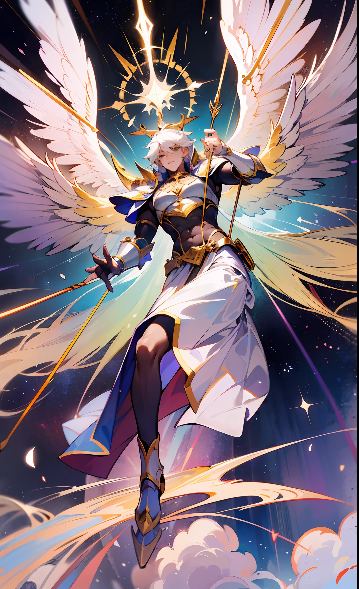 ((A majestic male god)) with ((four magnificent wings)), elegantly shooting an arrow from his God bow, adorned in a shining white adamantium scale armor. He soars through the boundless sky, capturing a mesmerizing full-body shot of this celestial seraphim.