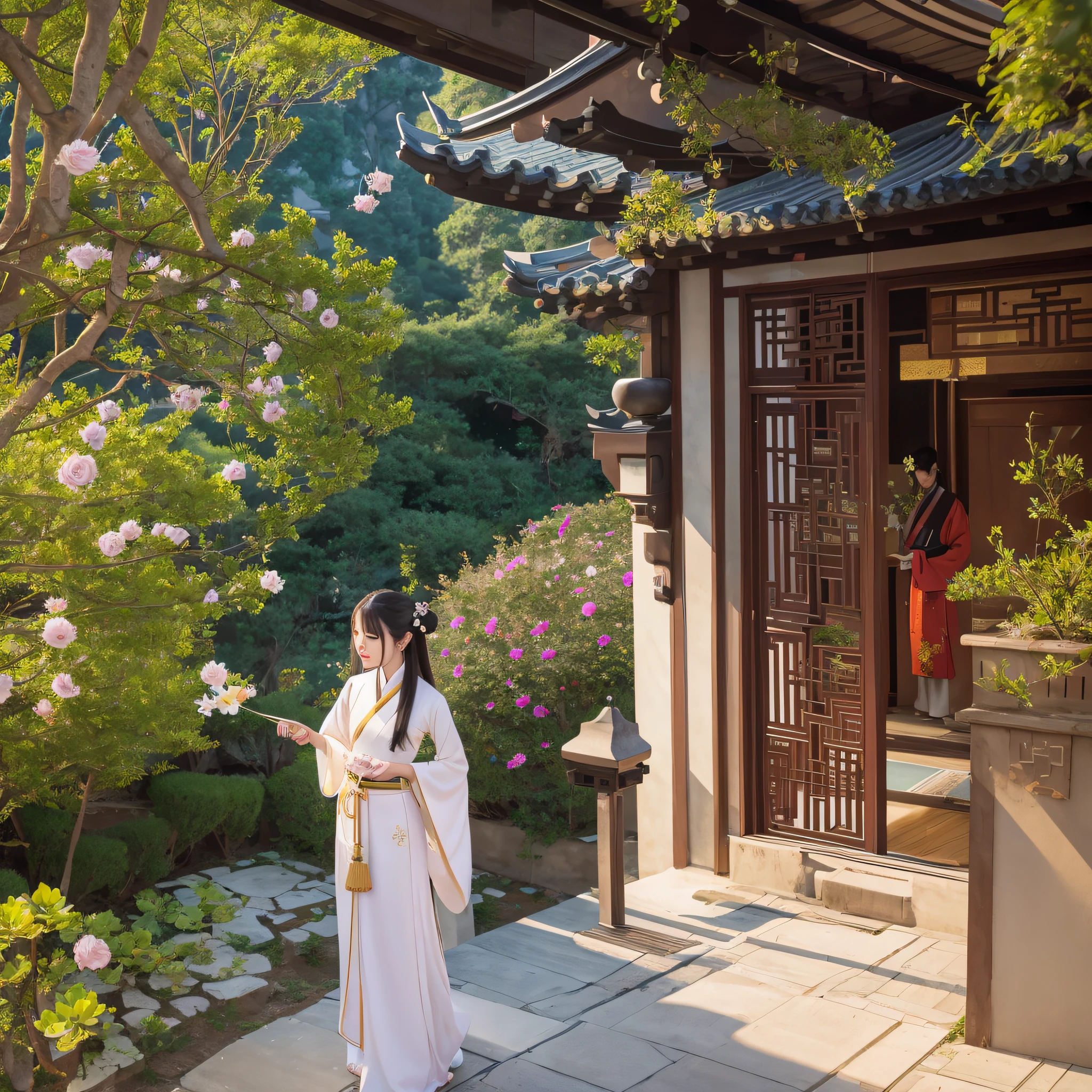 The crescent moon hangs on the eaves,Scent is everywhere, Lotus flowers bloom,Hanfu woman looking at flowers,The poet paints on the side poem。