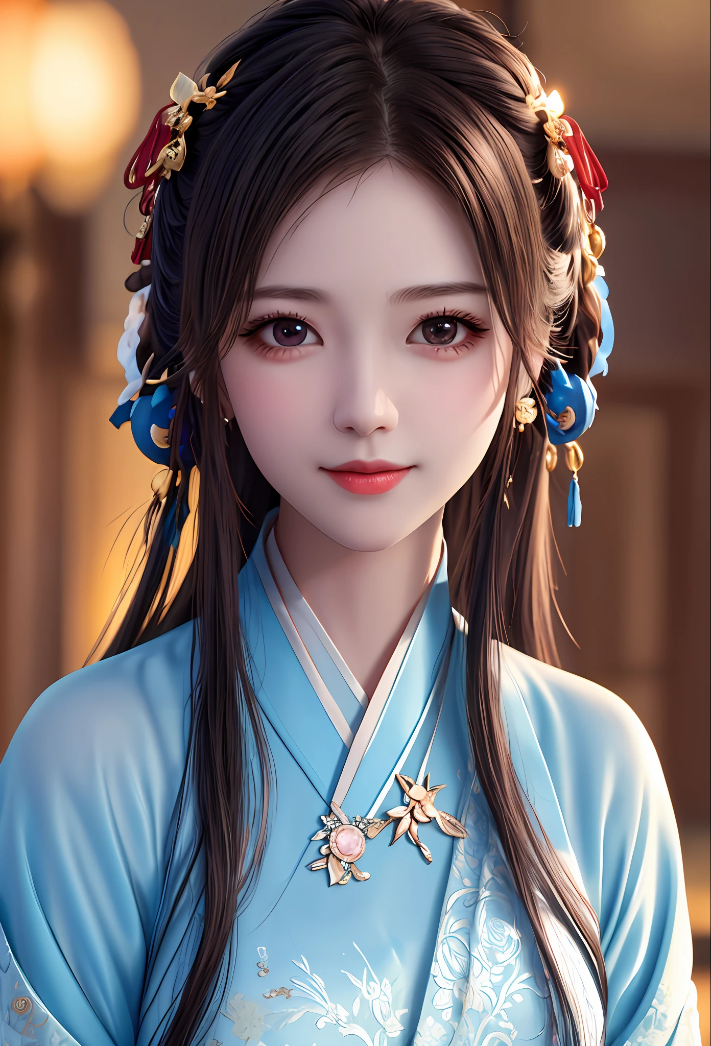 best quality, masterpiece, highres, 1girl,blush,(seductive smile:0.8),star-shaped pupils,china hanfu,hair ornament,necklace, jewelry,Beautiful face,upon_body, tyndall effect,photorealistic, dark studio, rim lighting, two tone lighting,(high detailed skin:1.2), 8k uhd, dslr, soft lighting, high quality, volumetric lighting, candid, Photograph, high resolution, 4k, 8k, Bokeh