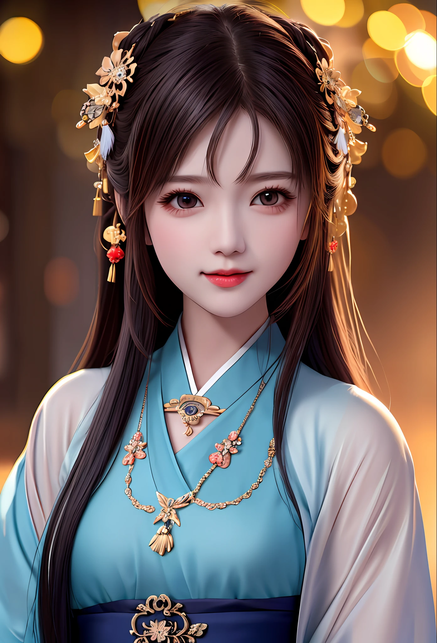 best quality, masterpiece, highres, 1girl,blush,(seductive smile:0.8),star-shaped pupils,china hanfu,hair ornament,necklace, jewelry,Beautiful face,upon_body, tyndall effect,photorealistic, dark studio, rim lighting, two tone lighting,(high detailed skin:1.2), 8k uhd, dslr, soft lighting, high quality, volumetric lighting, candid, Photograph, high resolution, 4k, 8k, Bokeh