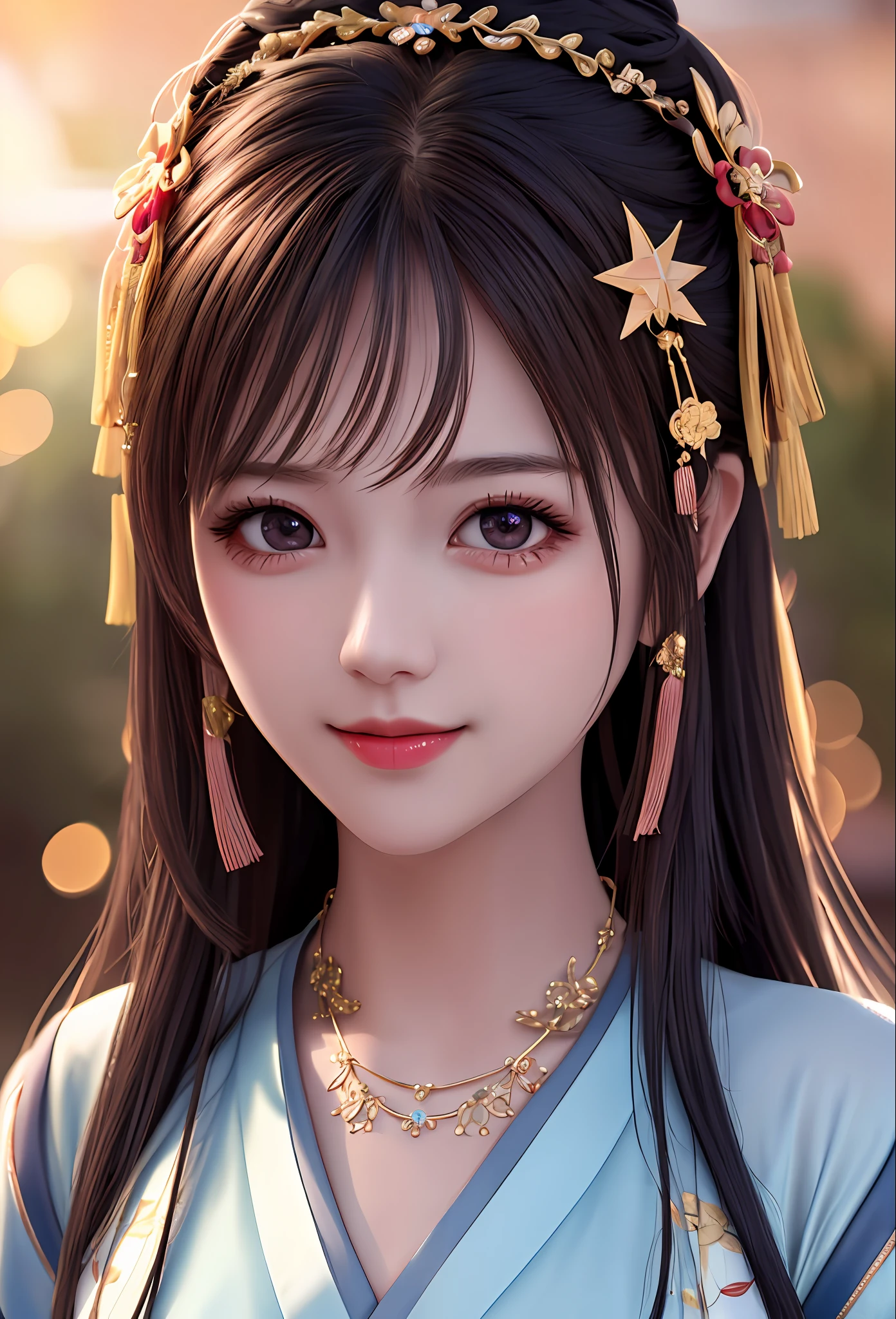 best quality, masterpiece, highres, 1girl,blush,(seductive smile:0.8),star-shaped pupils,china hanfu,hair ornament,necklace, jewelry,Beautiful face,upon_body, tyndall effect,photorealistic, dark studio, rim lighting, two tone lighting,(high detailed skin:1.2), 8k uhd, dslr, soft lighting, high quality, volumetric lighting, candid, Photograph, high resolution, 4k, 8k, Bokeh