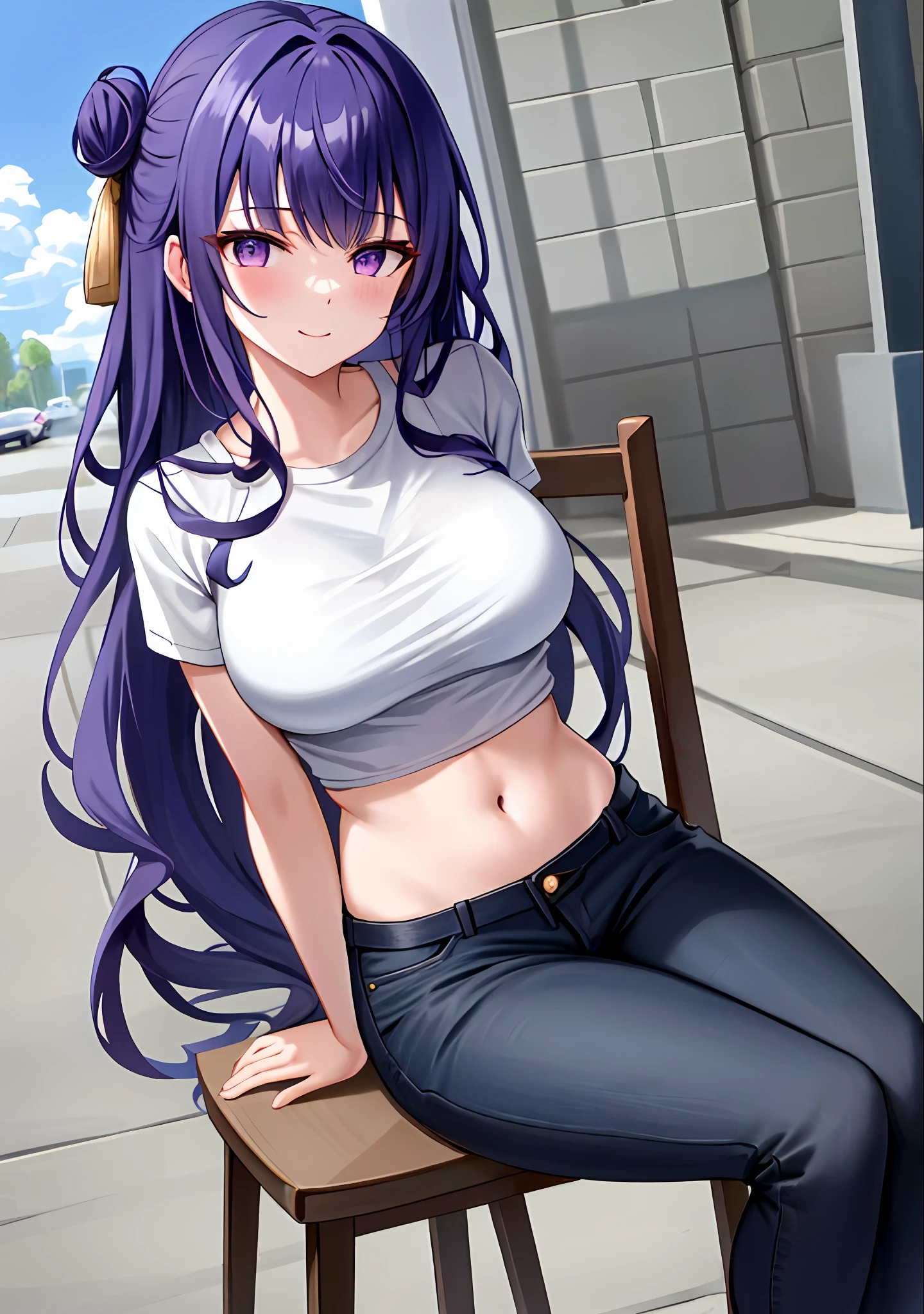 (masterpiece, best quality, ultra-detailed), Raiden shogun \(genshin impact\), (purple hair), cone hair bun, twin tails, long hair, swept bangs, braid, braided bangs, purple eyes, pink eyes,
(wearing a t-shirt:1.2), sitting on a chair outside of caf, embracing the natural beauty, sunlight, beautiful cloudy sky, city, street, denim shorts, black stocking,
medium breasts, thick thighs, critical angle, cowboy shot, arm behind head, arm behind back, armpits, light smile, crop top, strong and seductive expressions,,