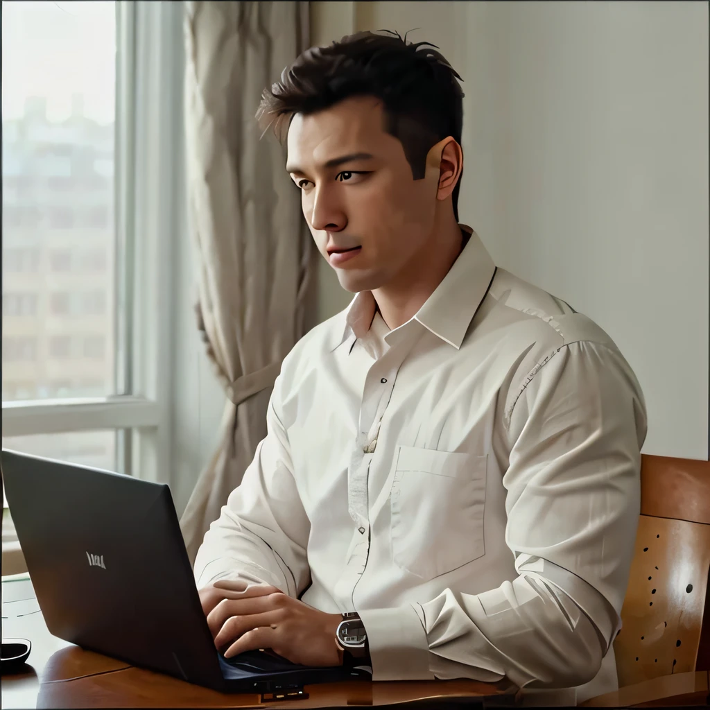 1man,A 30-year-old muscular man,Wear a long-sleeved white shirt and tie,Upper body,gentlesoftlighting,Three computer screens,The screen displays the code,Sit at your desk,tmasterpiece,best qualtiy,8K UHD,digital SLR camera,filmgrain,Midjourney and greg rutkowski's Fujifilm XT3 realistic painting art