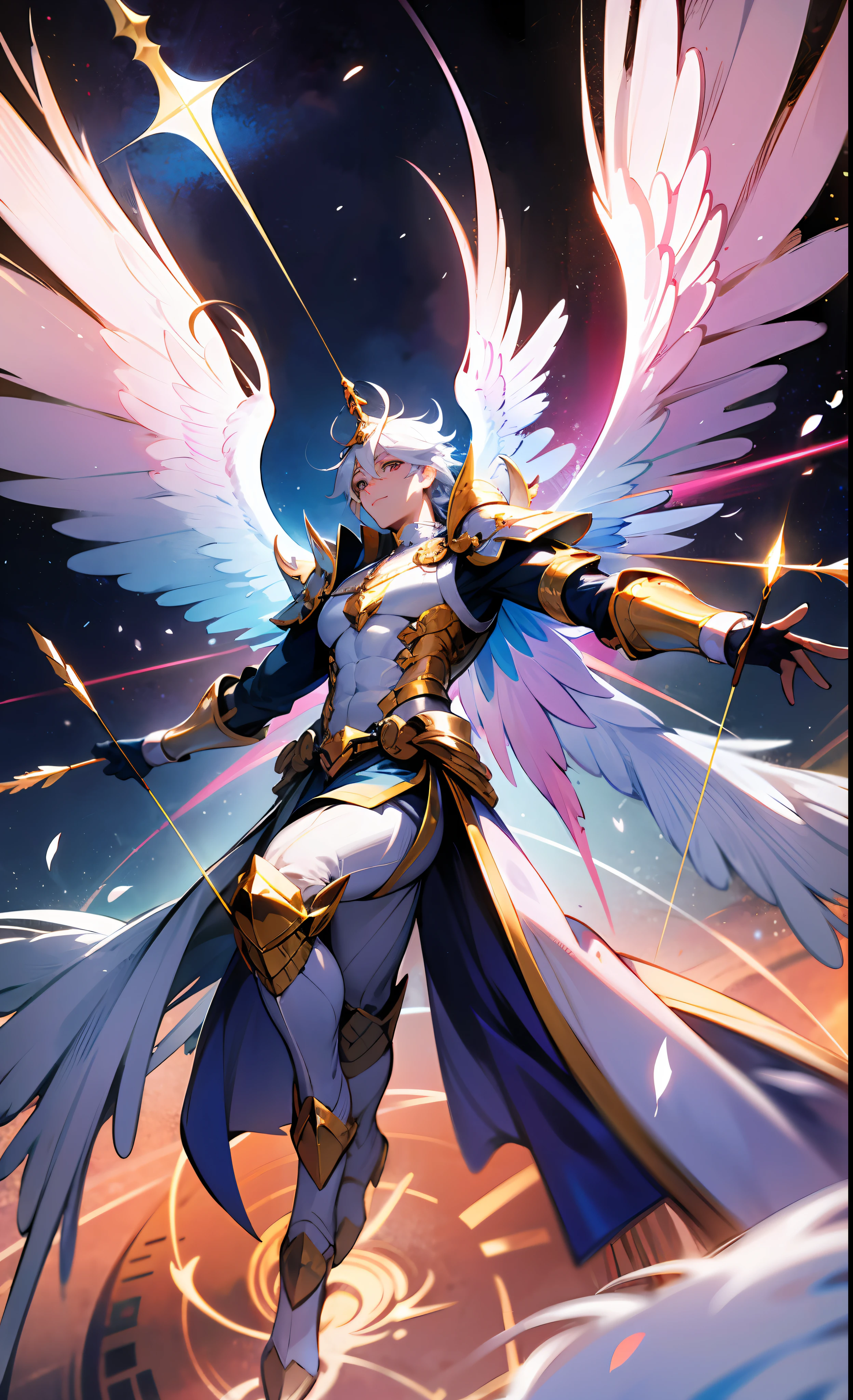 ((A majestic male god)) with ((four magnificent wings)), elegantly shooting an arrow from his God bow, adorned in a shining white adamantium scale armor. He soars through the boundless sky, capturing a mesmerizing full-body shot of this celestial seraphim.