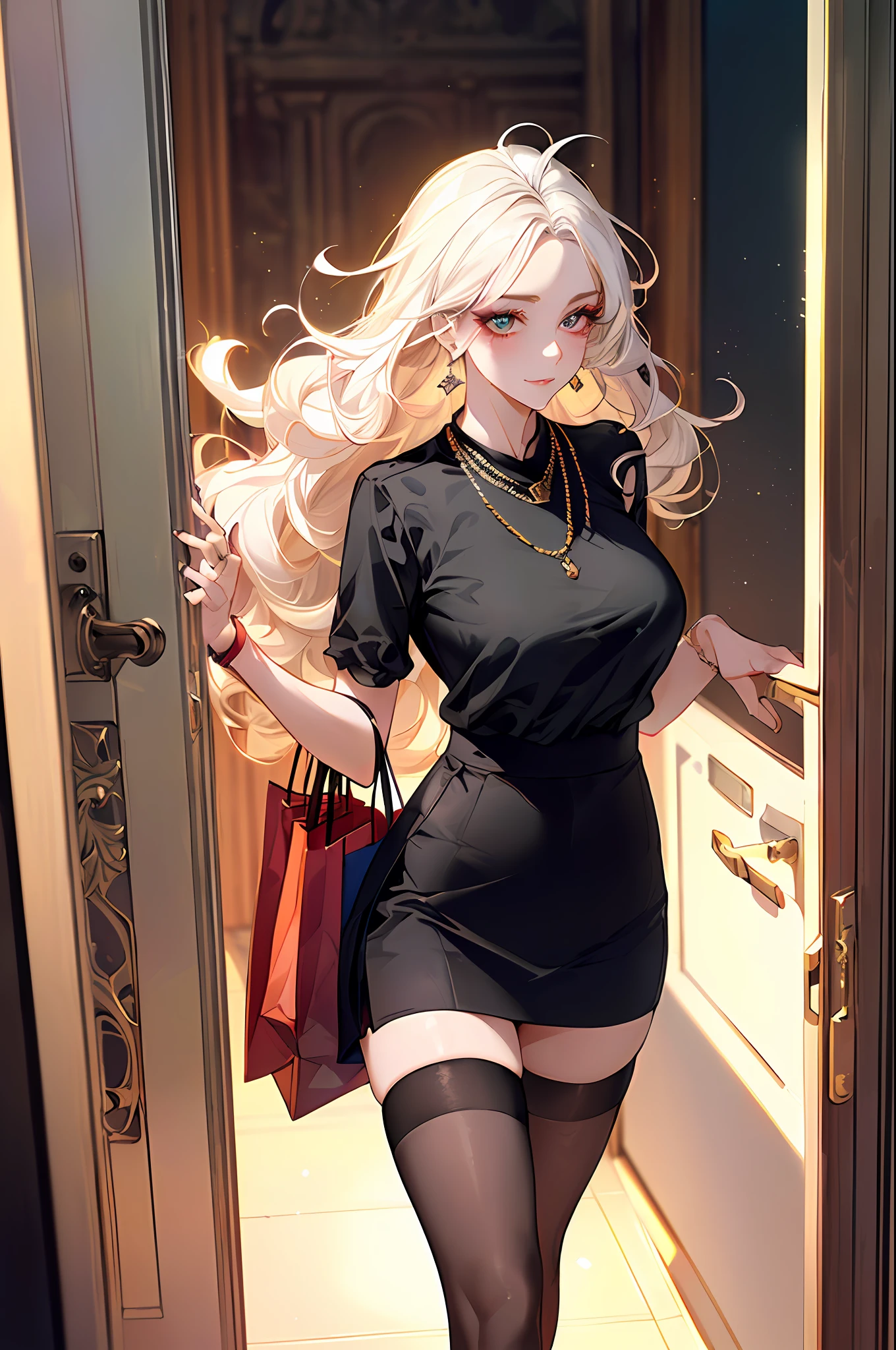 Morning,White color hair,(best qualtiy,8K,tmasterpiece),(Stand in the doorway of the room,3 shopping bags in hand,Capture),(one pretty woman,having fun,long white hair,Long messy hair,curlies,Huge eyes:1.3,Long eyelashes,Delicate makeup:1.4,Sexy lips,Blushlush),(Exquisite watches,Reflective necklace,Bulgari's earrings,Bulgari's ring),(Stand in the doorway of the room,3 shopping bags in hand,Capture),(Fashionable outfits,Black top,Mrs. GUI,black cloaths,),(middle breasts,endure),(Black oily transparent stockings),(Very short skirt,Superskirt),Light ripe,Royal Sister,Best light,Best shadow,电影灯光,45 years old,1girll,Need,(realskin,Supple skin)Ray traching,Unreal Engine 5,Reflective skin,Digital illustration,Game CG characters,super model,(kpop,heartthrob),(Body edge lighting,Colored light sources are around),There is wind blowing hair,Looking into the distance