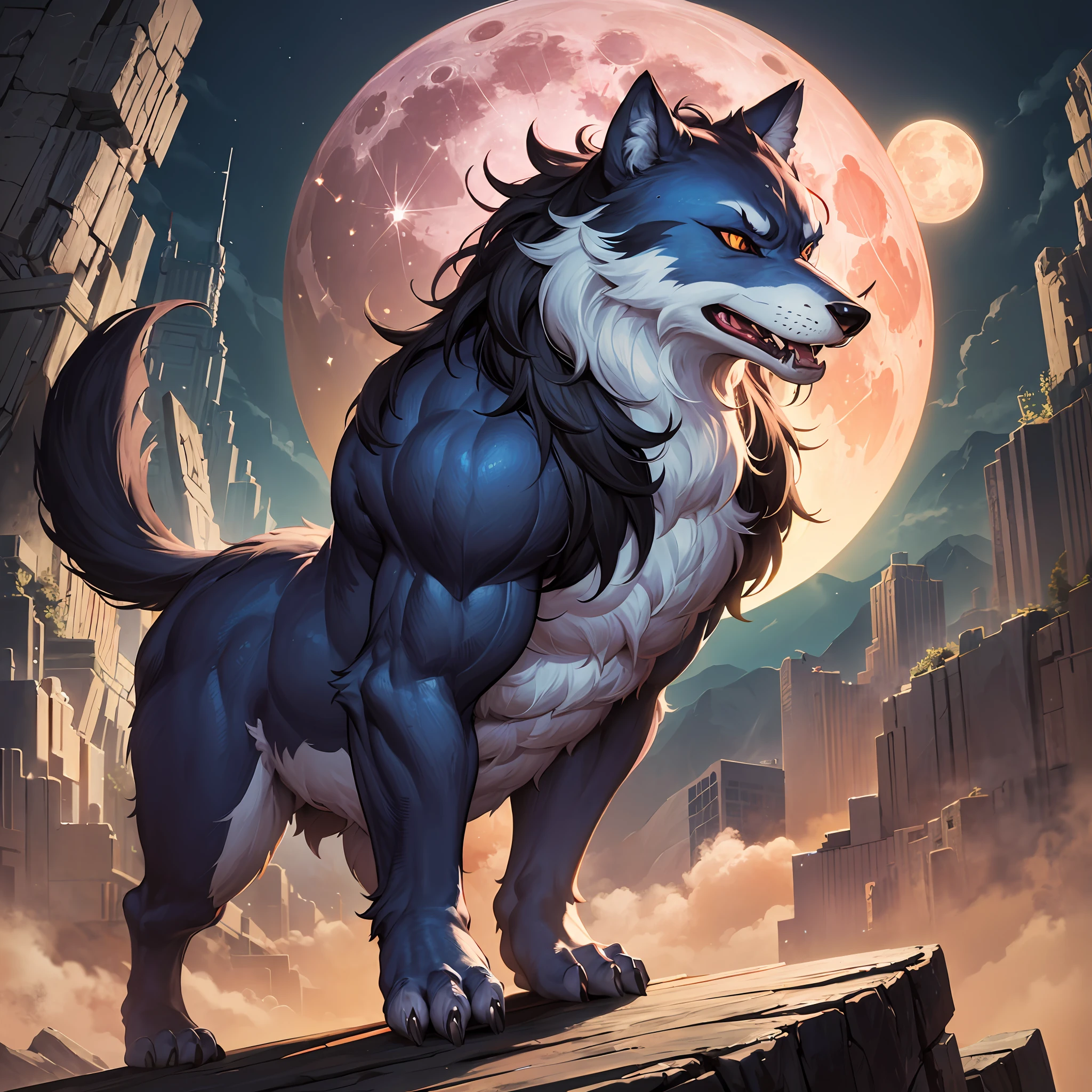 top quality, best quality, High-quality illustrations by Leonardo da Vinci, Chiaroscuro, Sfumato, masterpiece, depth of field(highly detailed beautiful face and eyes)absurdres, perfect anatomy, Werewolf, howling, red full moon, on cliff, fog(kemono, super handsome boy, solo focus, muscle, hero pose)(furry anthro)full body, wide shot,