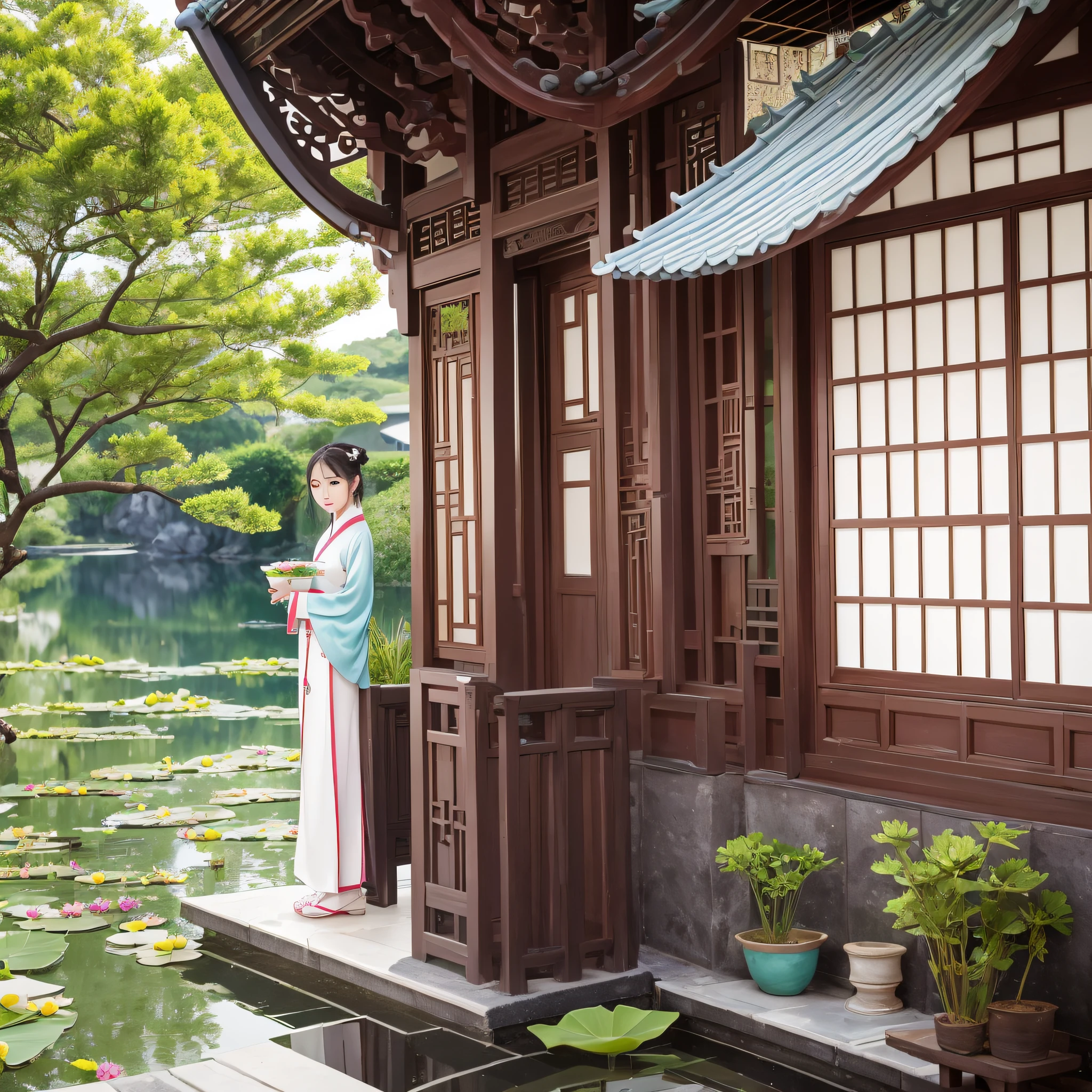 The crescent moon hangs on the eaves，Scent is everywhere, Lotus flowers bloom，Hanfu woman looking at flowers，The poet paints on the side poem。