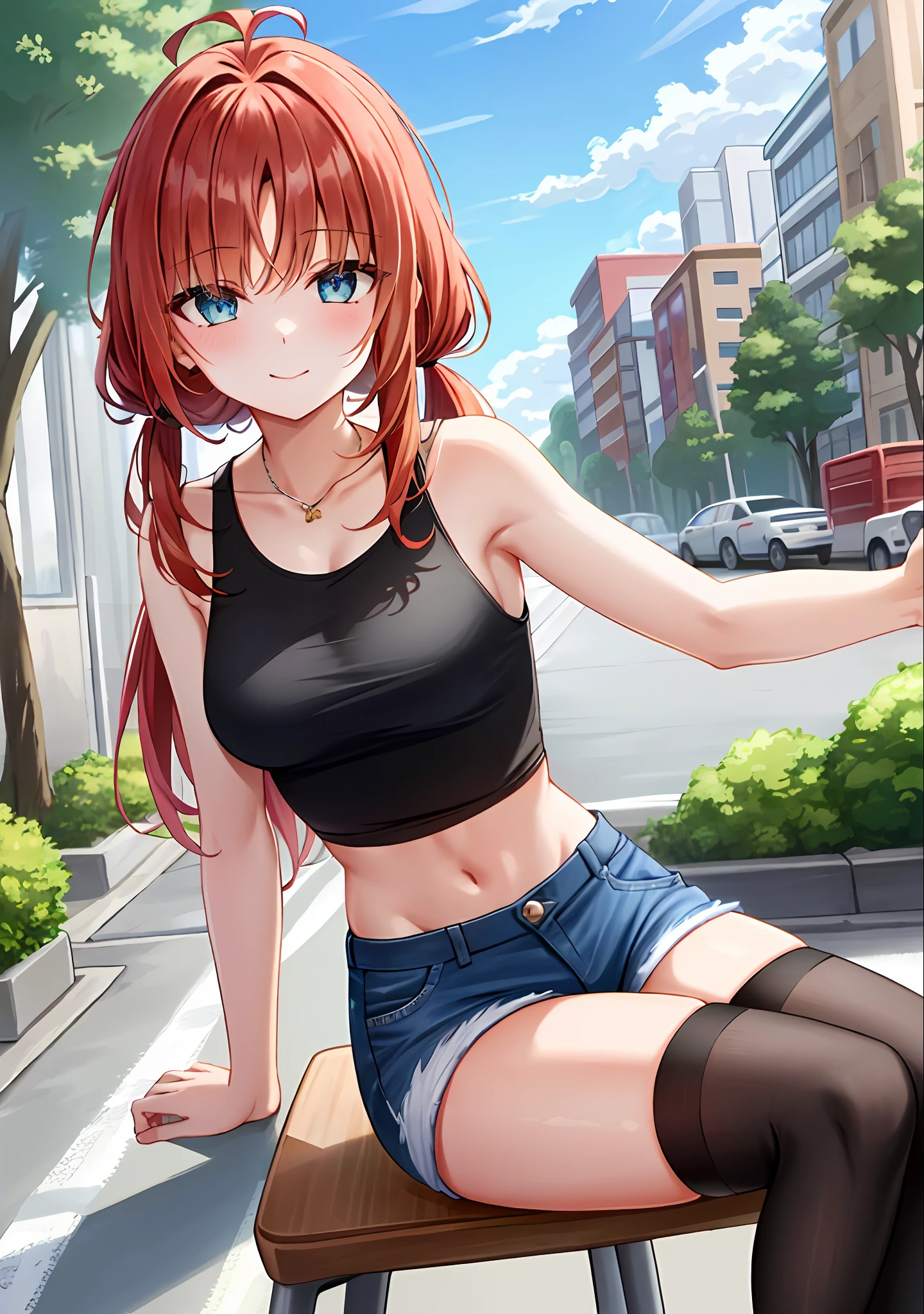 (masterpiece, best quality, ultra-detailed), nilou \(genshin impact\), (red hair), cone hair bun, twin tails, long hair, swept bangs, braid, braided bangs, blue eyes, blue eyes,
(wearing a t-shirt:1.2), sitting on a chair outside of caf, embracing the natural beauty, sunlight, beautiful cloudy sky, city, street, denim shorts, black stocking,
medium breasts, thick thighs, critical angle, cowboy shot, arm behind head, arm behind back, armpits, light smile, crop top, strong and seductive expressions,,