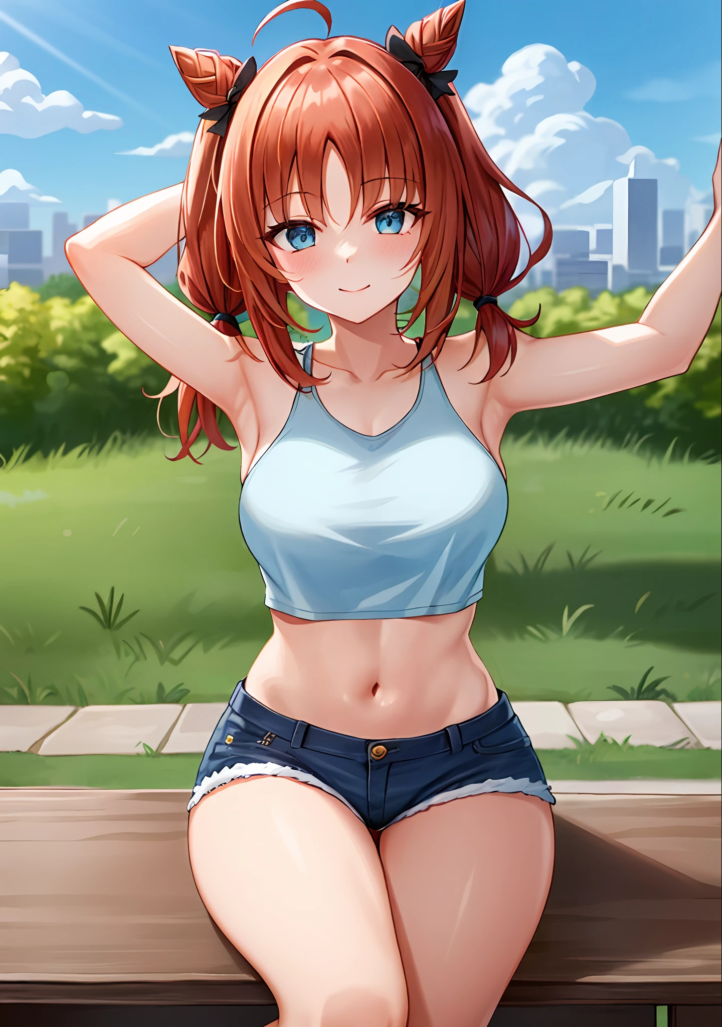 (masterpiece, best quality, ultra-detailed), nilou \(genshin impact\), (red hair), cone hair bun, twin tails, long hair, swept bangs, braid, braided bangs, blue eyes, blue eyes,
(wearing a t-shirt:1.2), sitting on a chair outside of caf, embracing the natural beauty, sunlight, beautiful cloudy sky, city, street, denim shorts, black stocking,
medium breasts, thick thighs, critical angle, cowboy shot, arm behind head, arm behind back, armpits, light smile, crop top, strong and seductive expressions,,