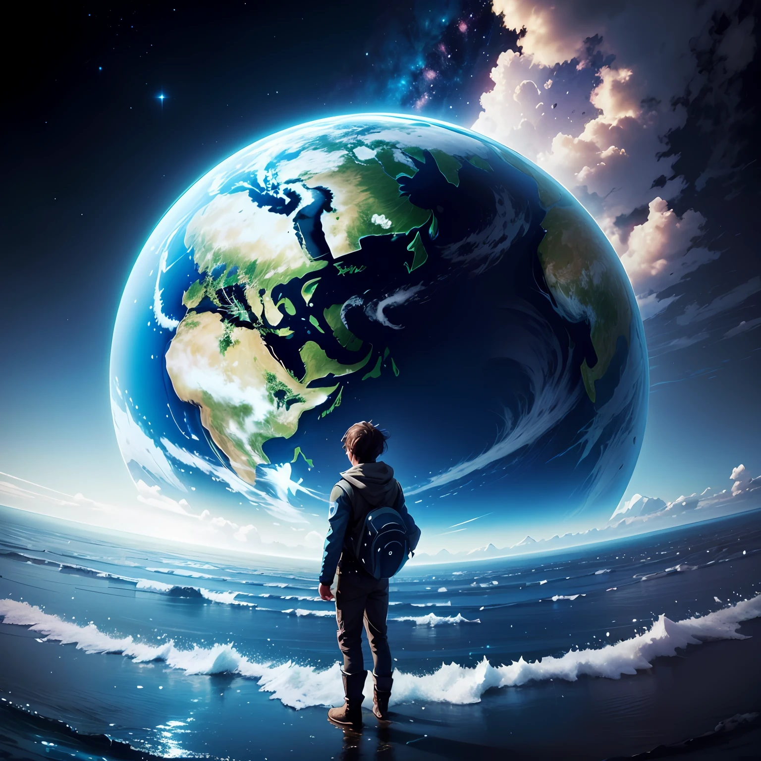 A close-up of a man standing on a lake with his back to the earth looking at it, Half of the Earth is under the surface of a lake,Water surface mirroring,Calm lake,Refracted shallow ripples, with earth in the background, Half of the Earth is umbrella-shaped, earth in background, planet earth, Earth in the background, holding the earth, earth outside, blue planet still, earth in foreground, The background is clean and dark, There are no clouds, clean backdrop,solid color backdrop,earth covers lightly, our planet,concept-art,Reflectors。 beautiful anime scenes, Anime landscapes, Detailed scenery —width 672, Detail enhancement。