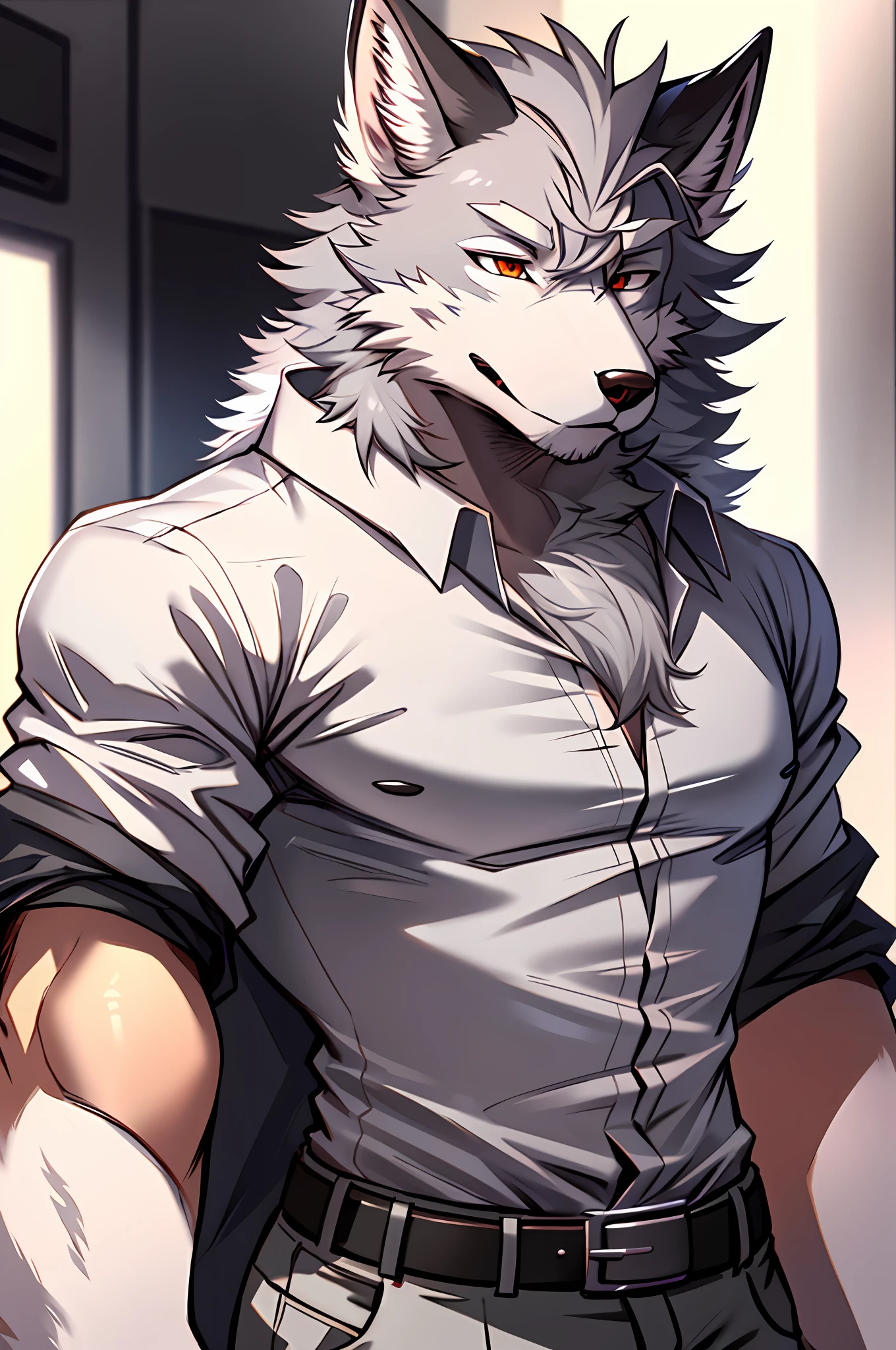 25-year old male, white shirt, hirsute, ash-grey hair, cerberus furry