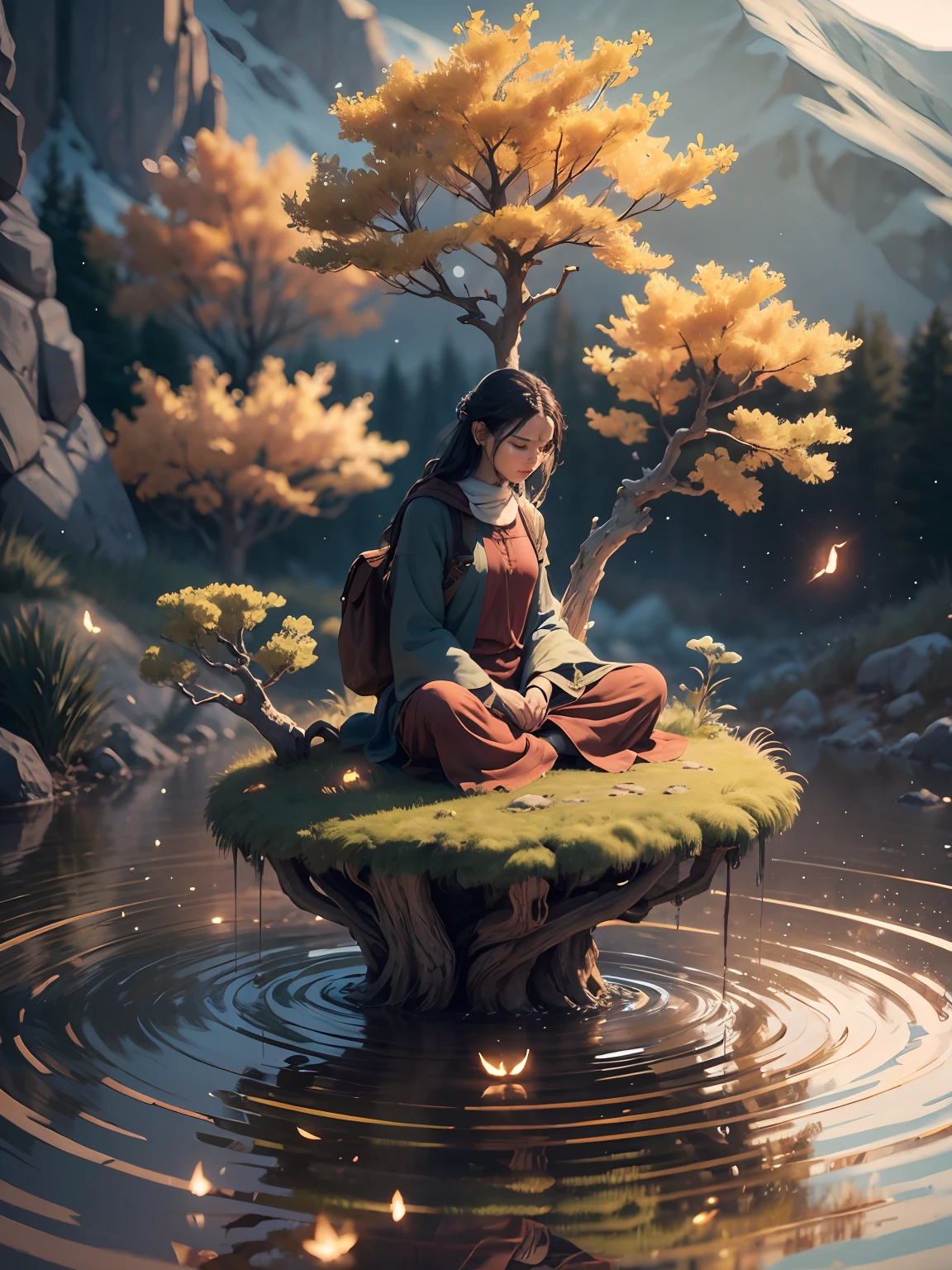 mountains, an ancient tree, a starry sky, a stream and a human figure meditating. Masterpiece, best quality, extremely beautiful reflection, best reflection. (Very detailed CG unity 8k wallpaper), (best quality), (best illustration), (best shadow), (natural road), (mountains theme), (branches), (fireflies), (glow), (particle effects). , isometric 3D, Octane rendering, ray tracing, super detailed