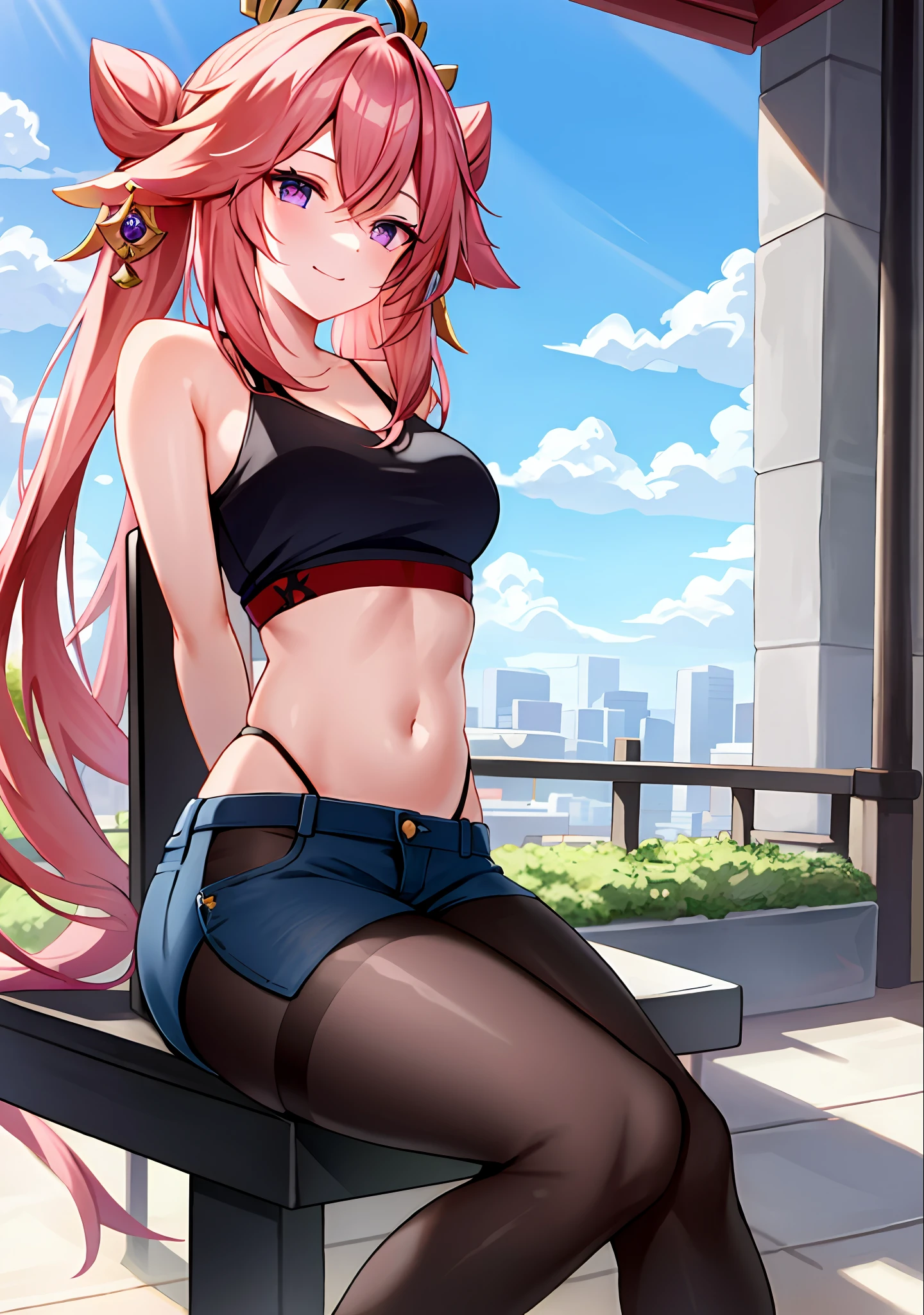 (masterpiece, best quality, ultra-detailed), yae miko \(genshin impact\), (pink hair), cone hair bun, twin tails, long hair, swept bangs, braid, braided bangs, purple eyes, pink eyes,
(wearing a t-shirt:1.2), sitting on a chair outside of caf, embracing the natural beauty, sunlight, beautiful cloudy sky, city, street, denim shorts, black stocking,
medium breasts, thick thighs, critical angle, cowboy shot, arm behind head, arm behind back, armpits, light smile, crop top, strong and seductive expressions,,