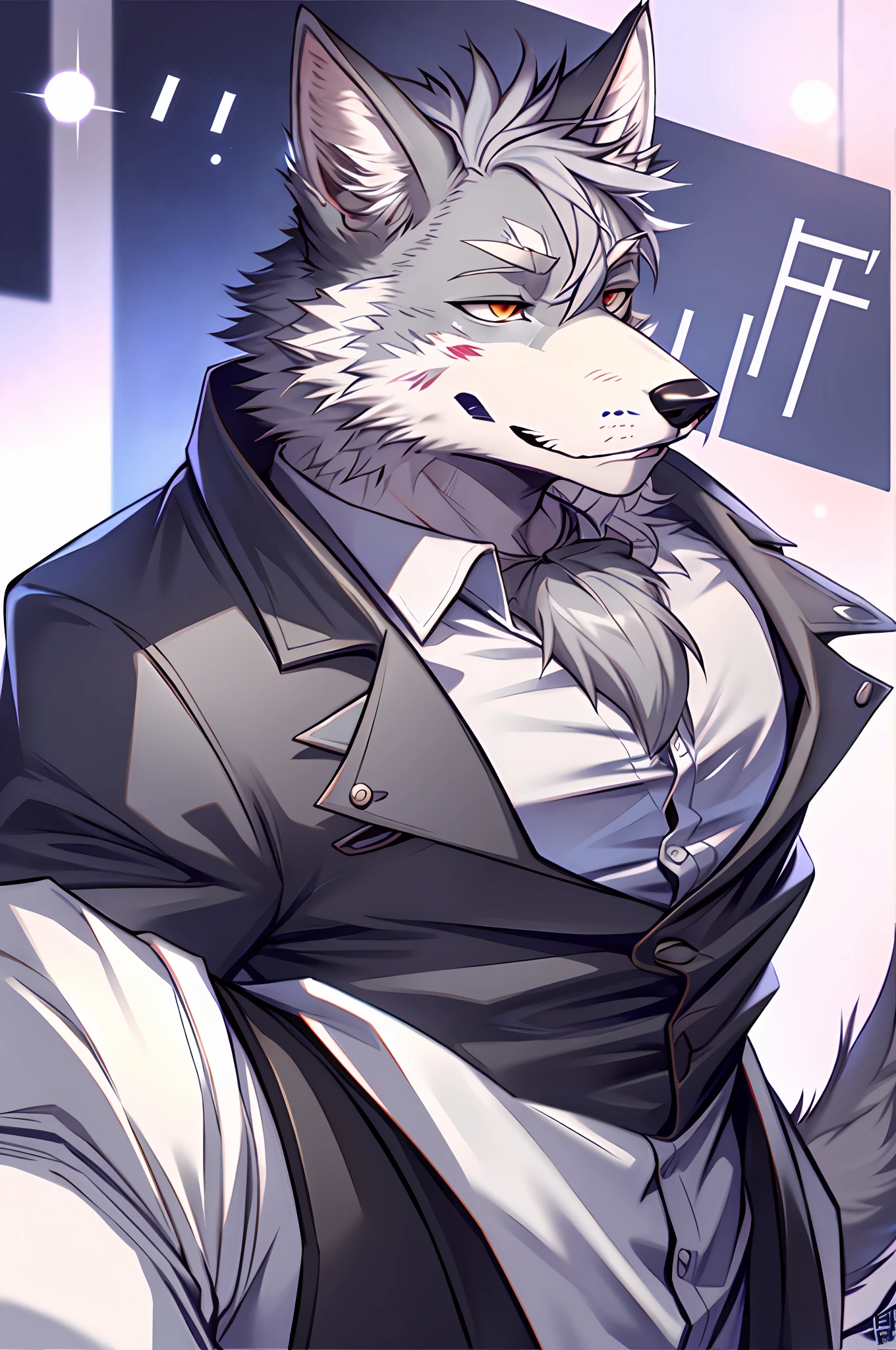 25-year old male, white shirt, hirsute, ash-grey hair, wolf furry