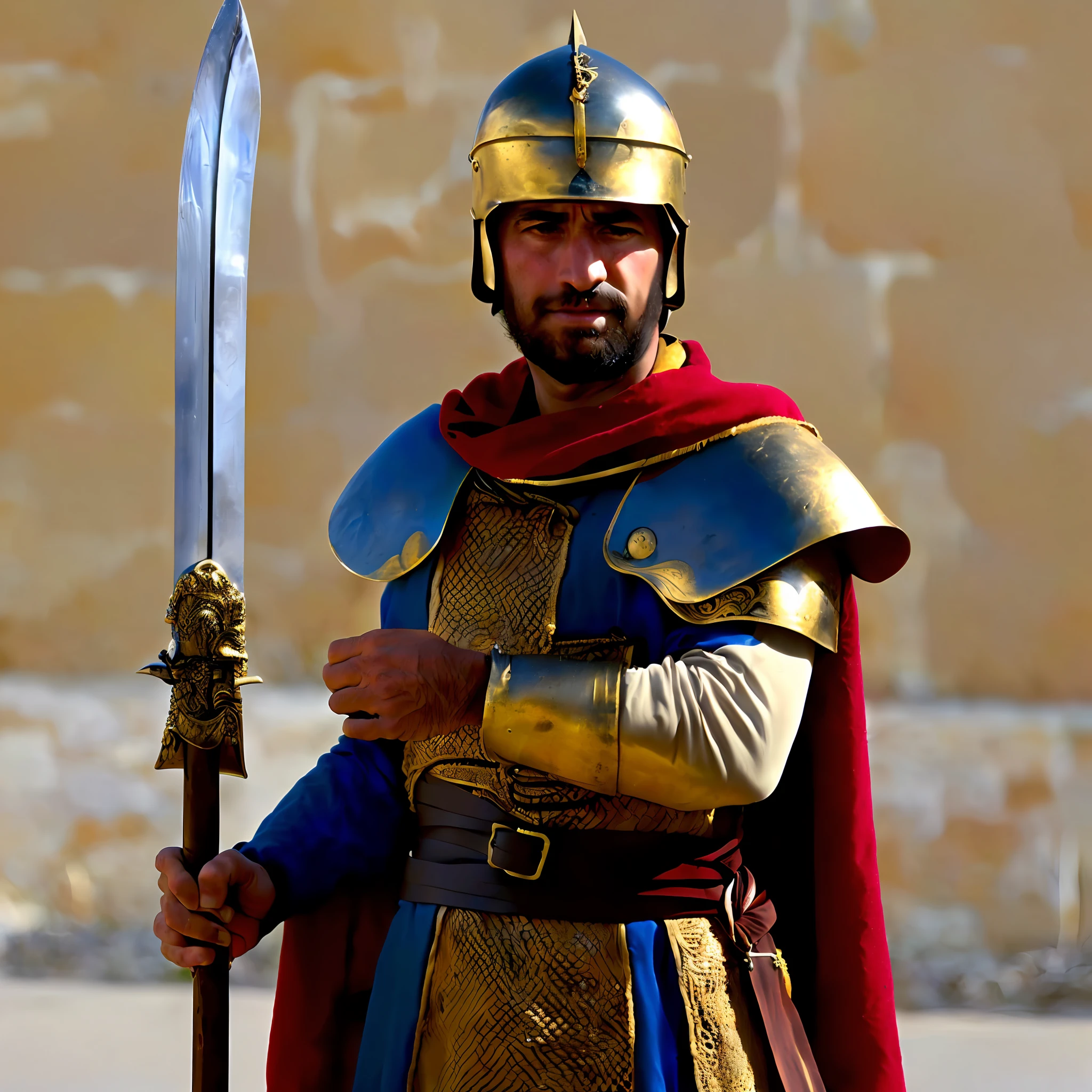 Homem arafed em um traje medieval segurando uma espada e escudo, guerreiro persa, vestido com armadura romana, Arsen Lupin como um paladino, Soldado antigo, imagem de um guerreiro masculino adulto, cavaleiro cruzado sagrado medieval, cavaleiro medieval cruzado sagrado, Armadura romana tradicional, Santo Cruzado Medieval, Roman legionary, usando armadura completa, segurando uma espada e um escudo
