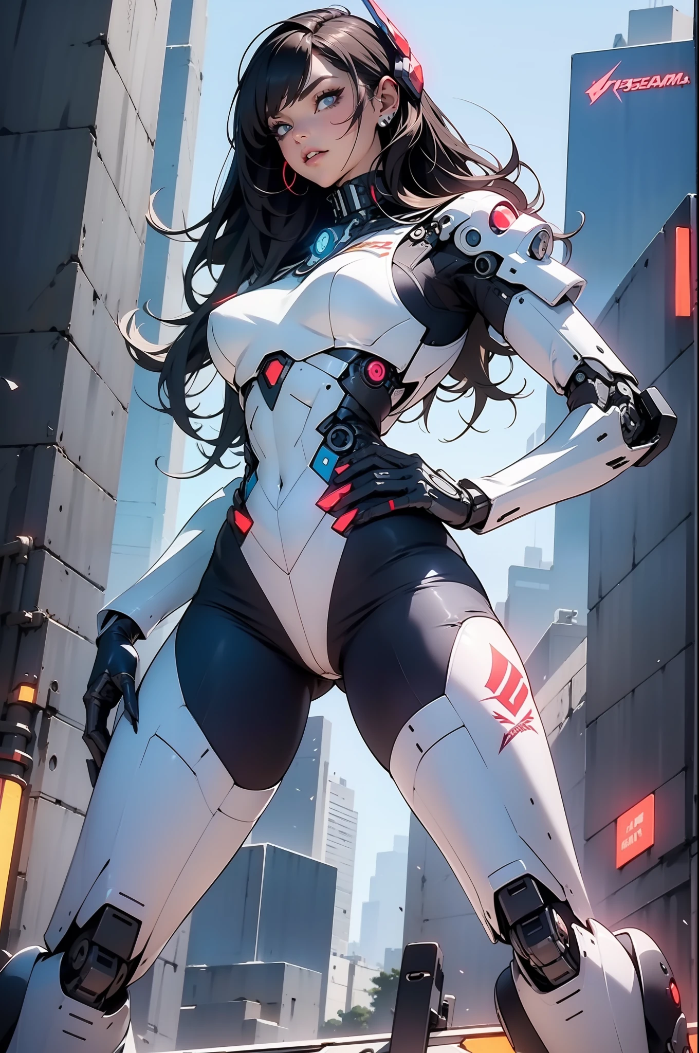 Uma mulher adulta poderosa em seu traje mecha mega detalhado, armamento pesado, viseira cyberpunk, grafismos hi-tech por todo o traje, melhor qualidade, obra prima, pose sexy, corpo perfeito